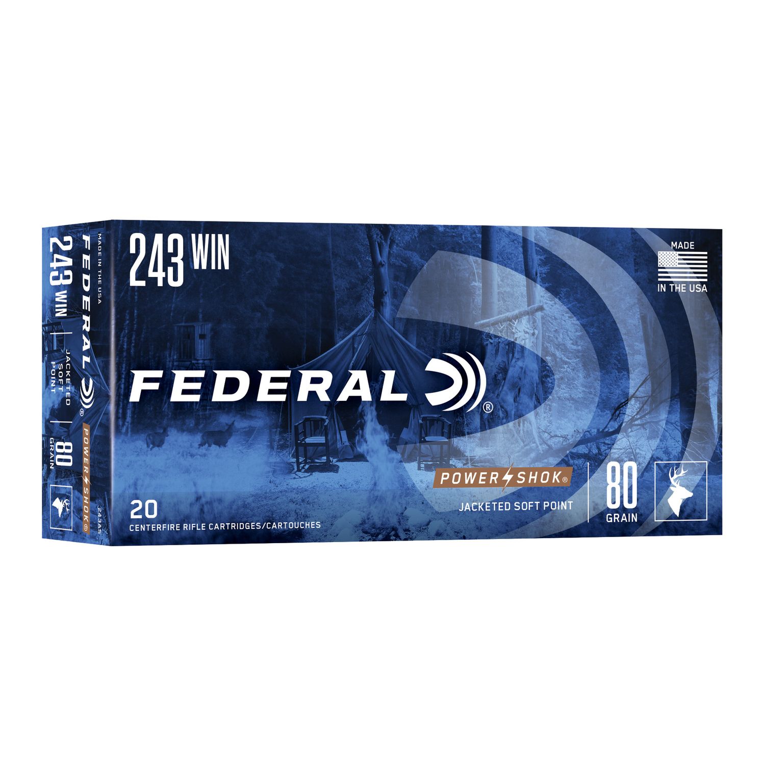 Federal Premium Power Shok Rifle Ammunition 243AS, 243 Winchester, Speer Hot-Cor SP, 80 GR, 3330 fps, 20 Rd/bx