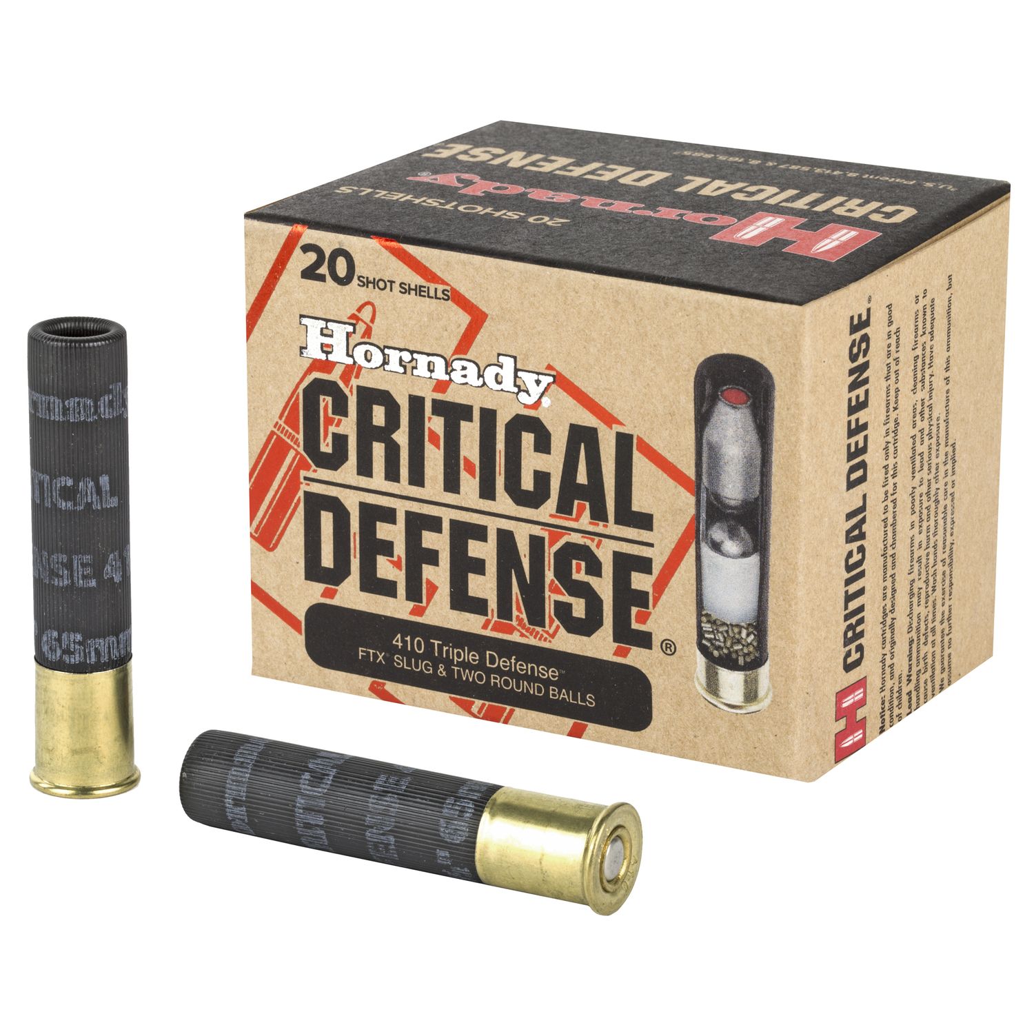 Hornady Critical Defense Shotshells 86238, 410 Gauge, 2-1/2", 750 fps, FTX Slug & 2 Round Balls, 20 Rd/bx