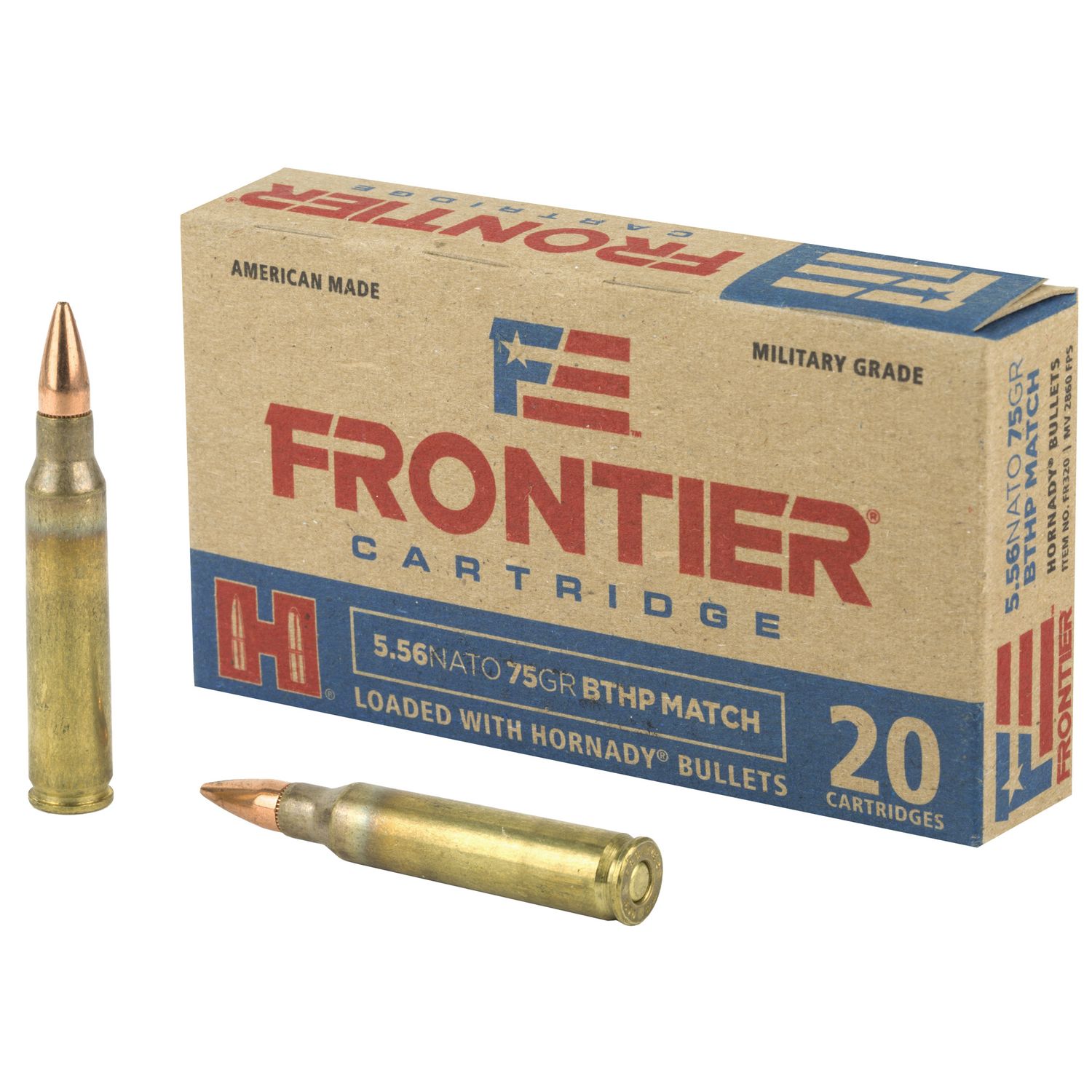 Hornady Frontier Rifle Ammunition FR320, 5.56mm NATO, BTHP Match T2, 75 GR, 2860 fps, 20 Rds/bx