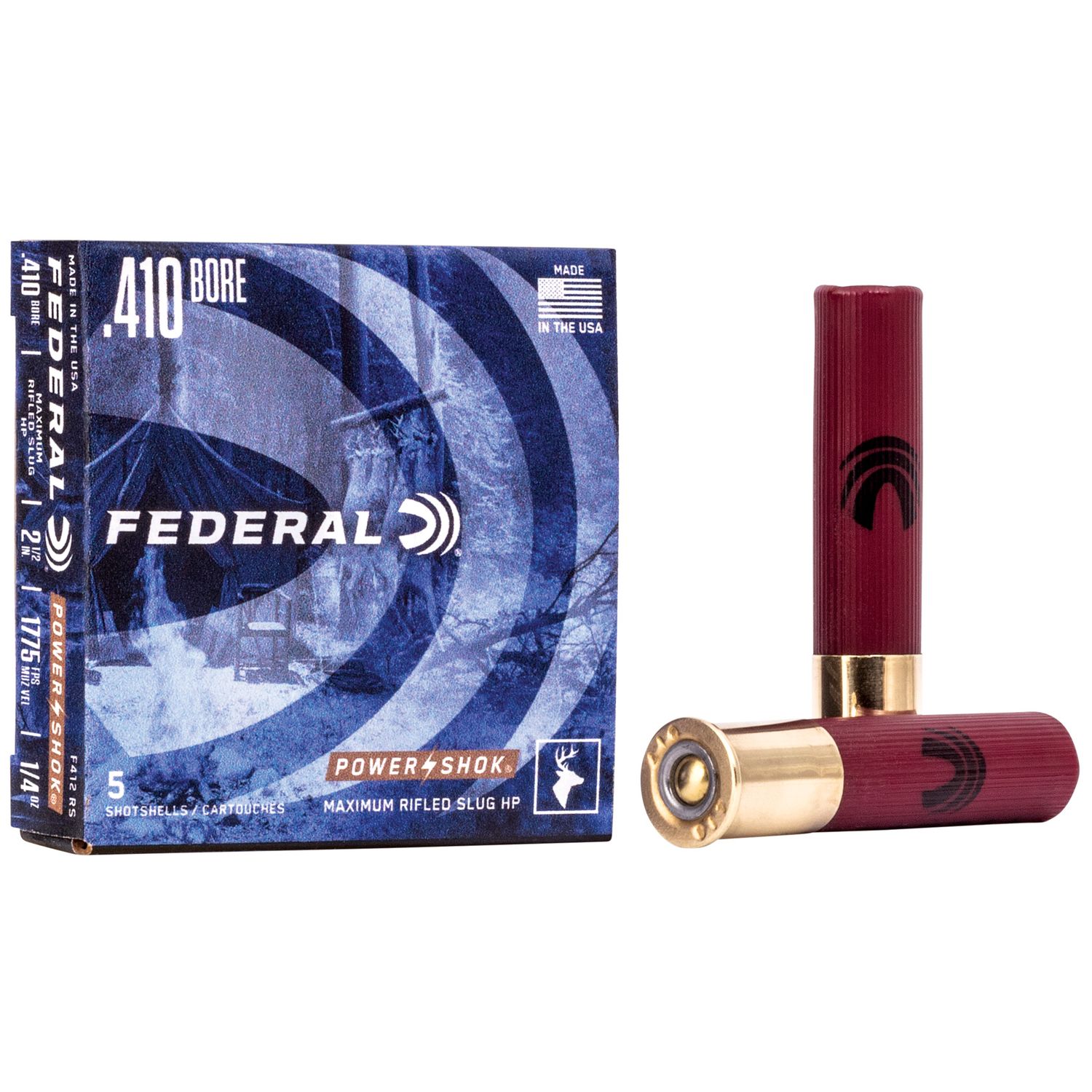 Federal Premium Power Shok F412RS, 410 Gauge, 2 1/2", 1/4 oz, 1780 fps, #Slug Lead Shot, 5 Rd/bx