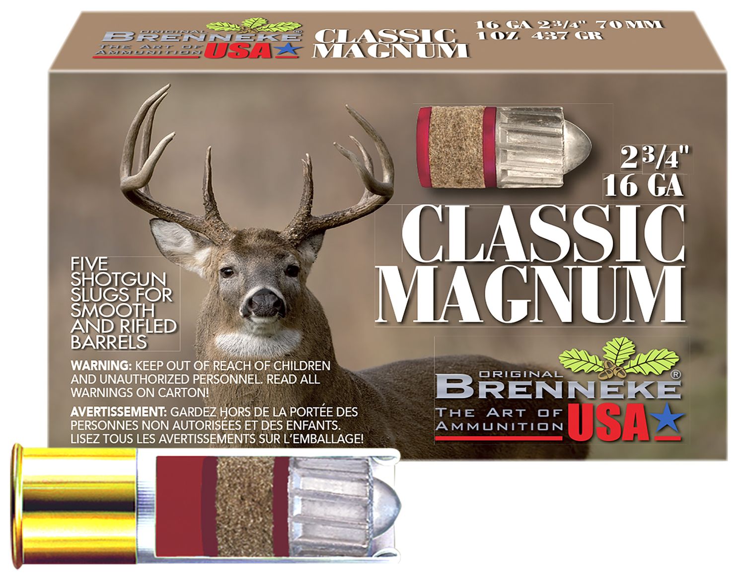 Brenneke Classic Magnum Slugs SL162CLM, 16 Gauge, 2-3/4", 1 oz, 1480 fps, Rifled Slug Shot , 5 Rd/bx