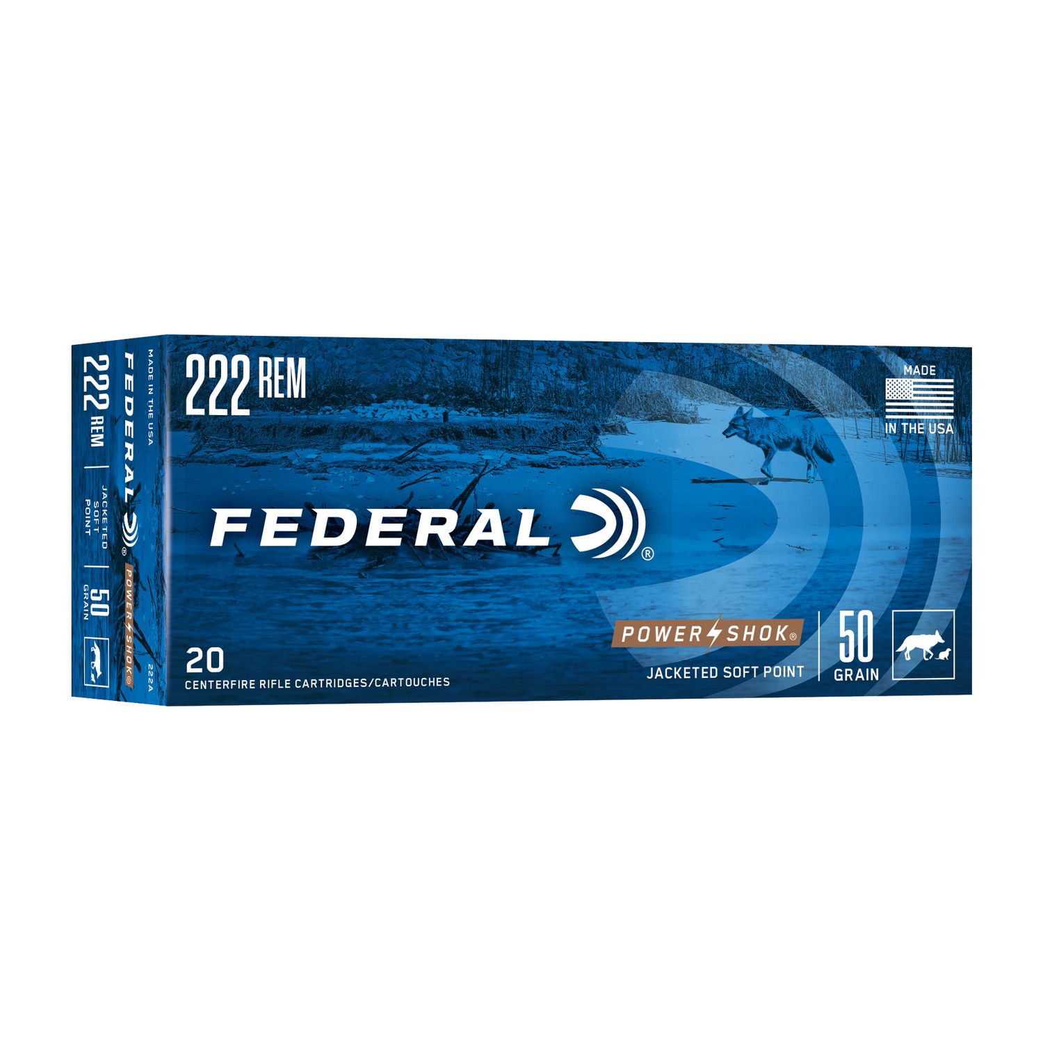 Federal Premium Power Shok Rifle Ammunition 222A, 222 Remington, Soft Point (SP), 50 GR, 3140 fps, 20 Rd/bx