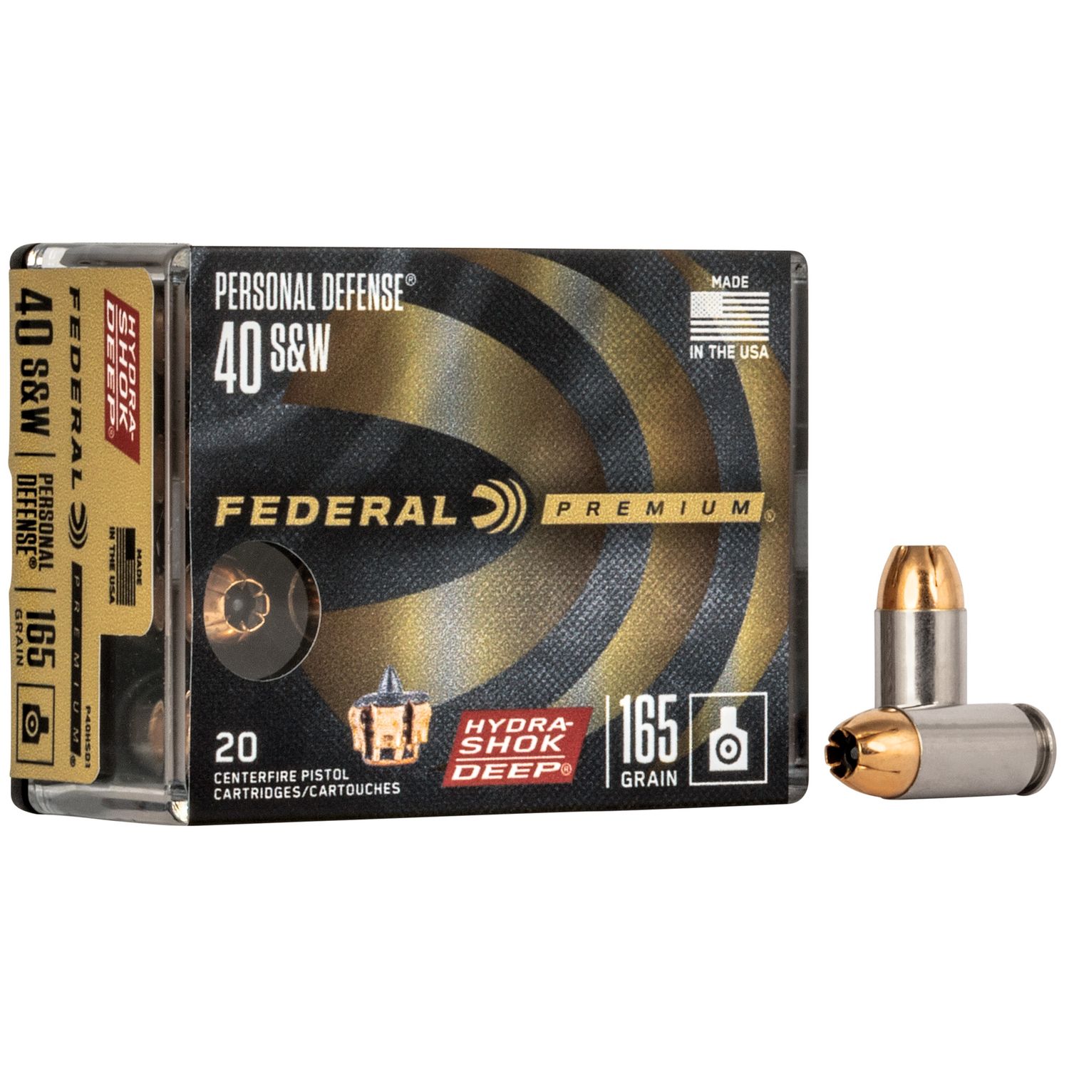 Federal Premium Vital-Shok Pistol Ammunition P40HSD1, 40 S&W, Hydra-Shok Deep JHP (JHP), 165 GR, 1050 fps, 20 Rd/bx