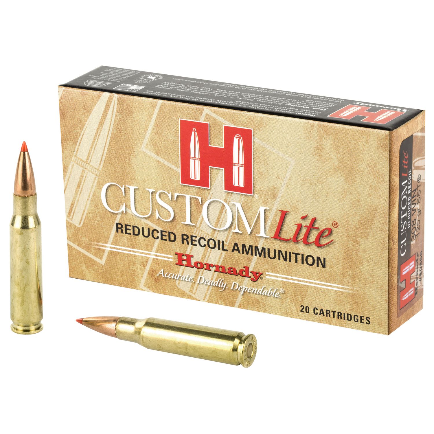 Hornady Custom Lite Rifle Ammunition 80866, 308 Winchester, SST, 125 GR, 2675 fps, 20 Rd/bx