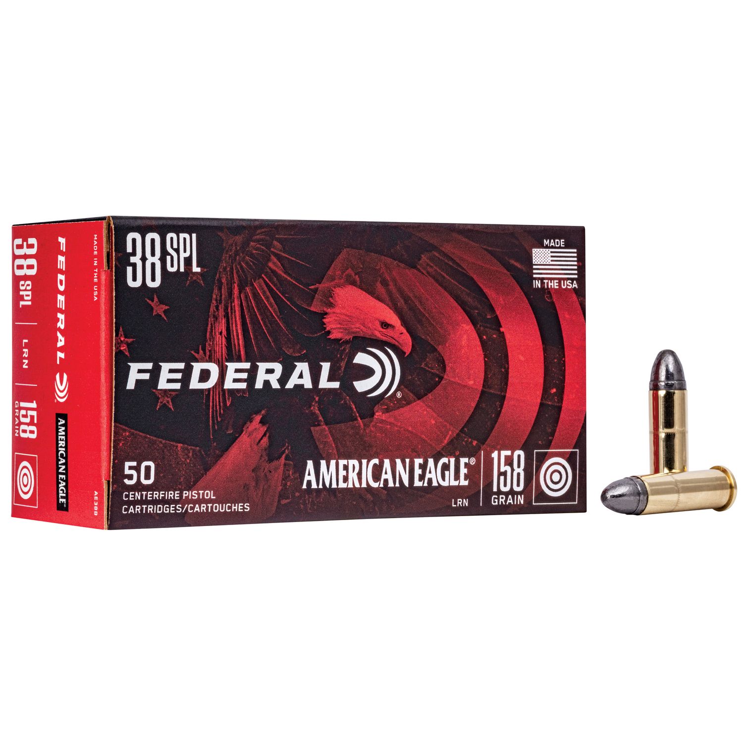 Federal American Eagle Handgun Ammunition AE38B, 38 Special, Lead Round Nose (RN), 158 GR, 760 fps, 50 Rd/bx