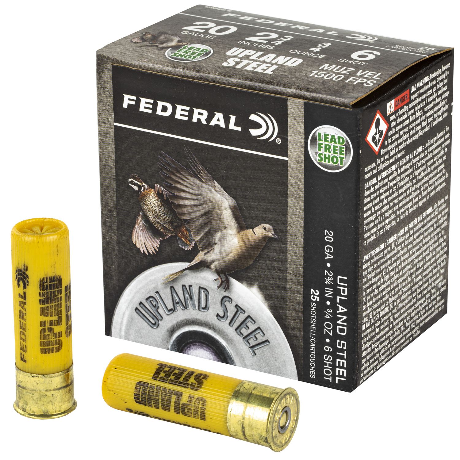 Federal Upland Steel Shotshells USH206, 20 Gauge, 2-3/4", 3/4 oz, 1500 fps, #6 Shot, 25 Rds/bx