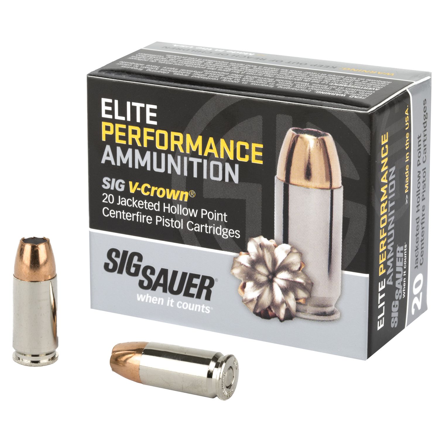 Sig Sauer Elite Performance Pistol Ammunition E9MMA1, 9mm, JHP V-Crown, 115 GR, 1185 fps, 20 Rd/bx