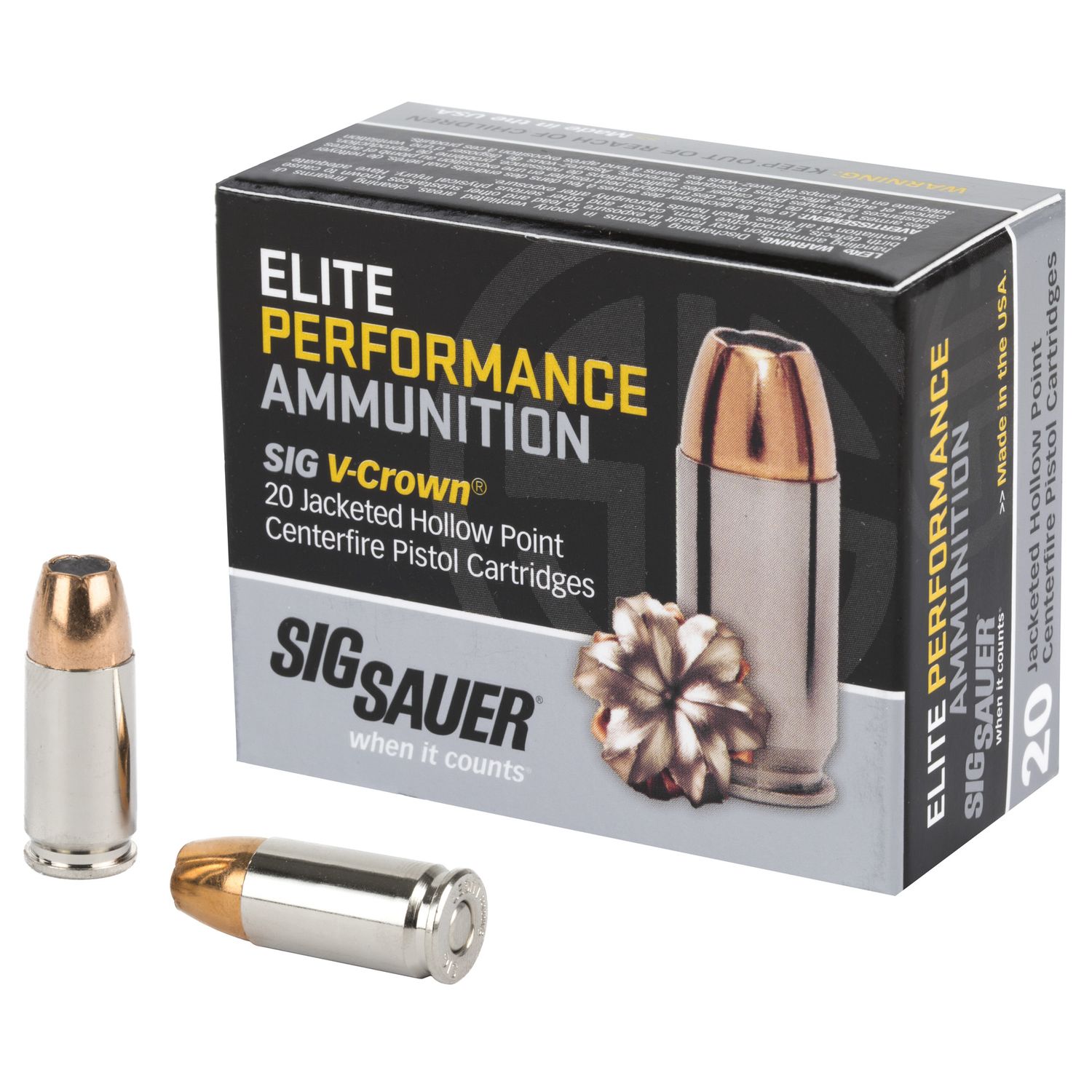 Sig Sauer Elite Performance Pistol Ammunition E9MMA3, 9mm, JHP V-Crown, 147 GR, 985 fps, 20 Rd/bx