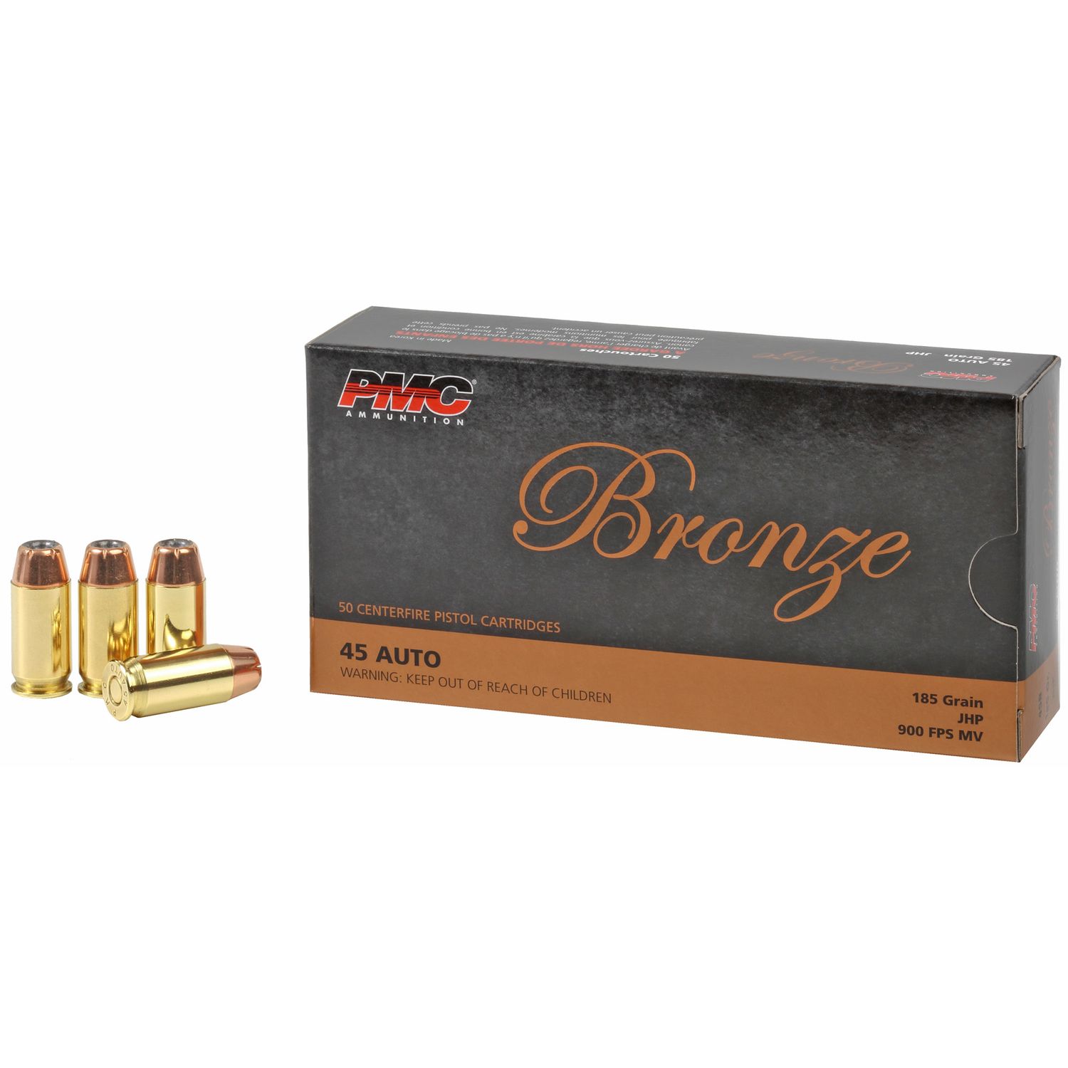 PMC Bronze Line Pistol Ammunition 45B, 45 ACP, Jacketed Hollow Point (JHP), 185 GR, 900 fps, 50 Rd/bx