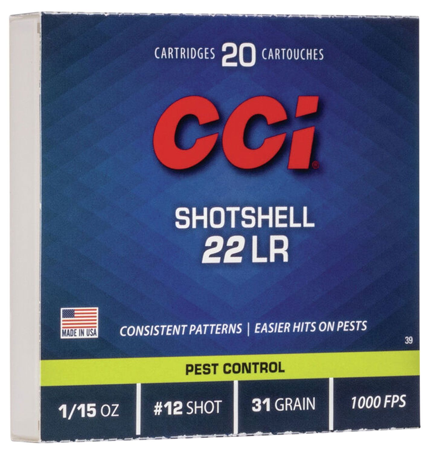 CCI Shotshell Small Game Rimfire Ammunition 0039, 22 Long Rifle, #12 Shot, 31 GR, 1000 fps, 20 Rd/bx