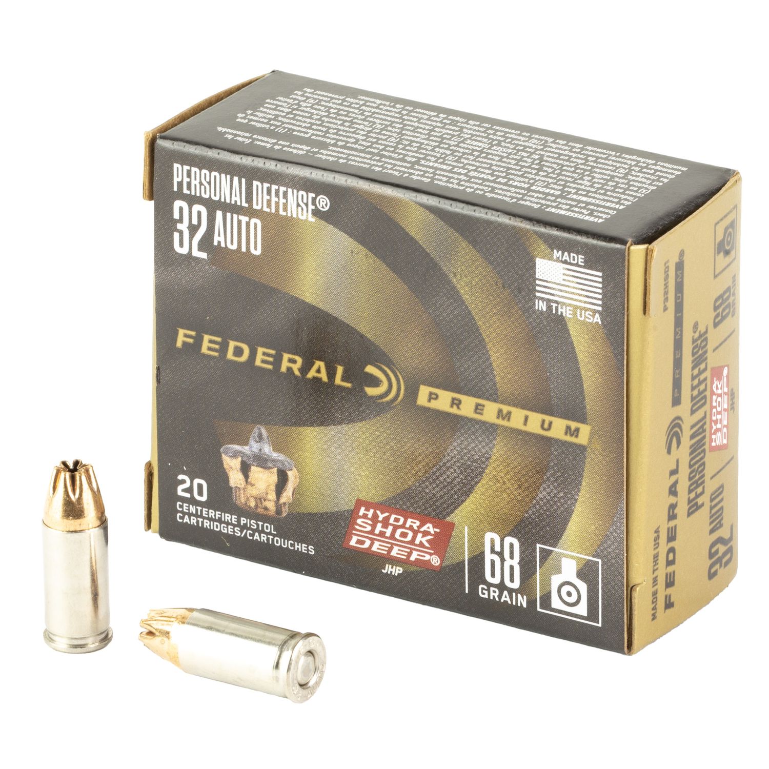 Federal Hydra-Shok Deep Personal Defense P32HSD1, 32 ACP, Jacketed Hollow Point (JHP), 68 GR, 1000 fps, 20 Rd/bx