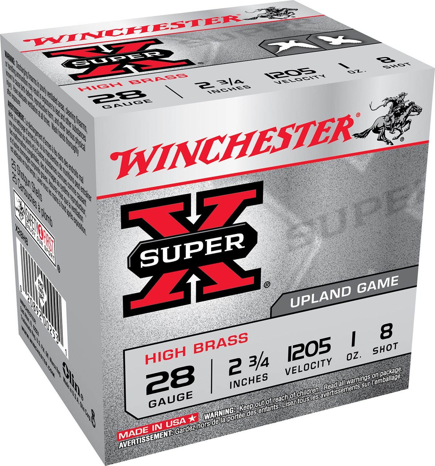 Winchester Super X High Brass Game Load X28H8, 28 Gauge, 2-3/4", 1 oz, 1205 fps, #8 Lead Shot, 25 Rds/Bx