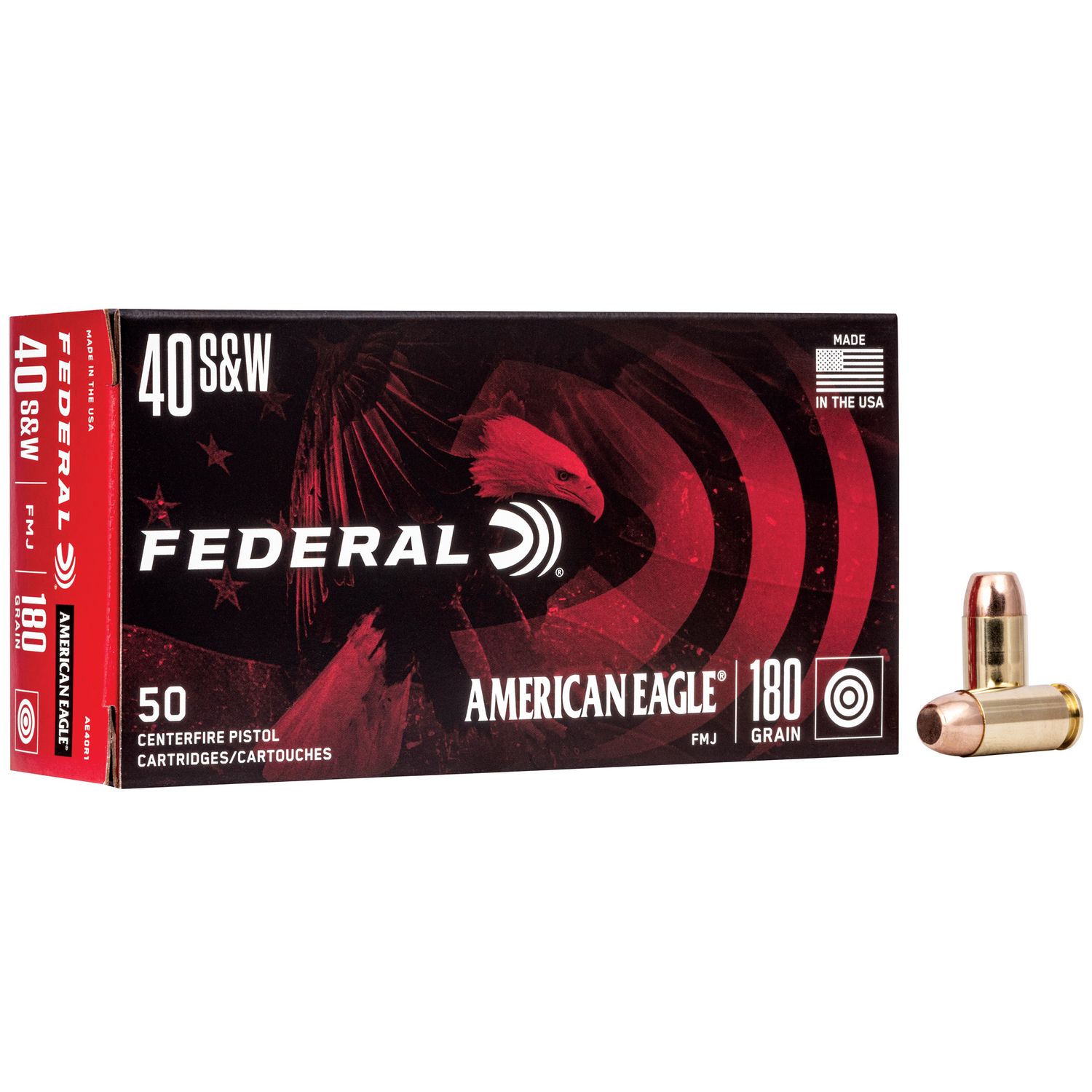 Federal American Eagle Pistol Ammunition AE40R1, 40 S&W, Full Metal Jacket (FMJ), 180 GR, 990 fps, 50 Rd/bx