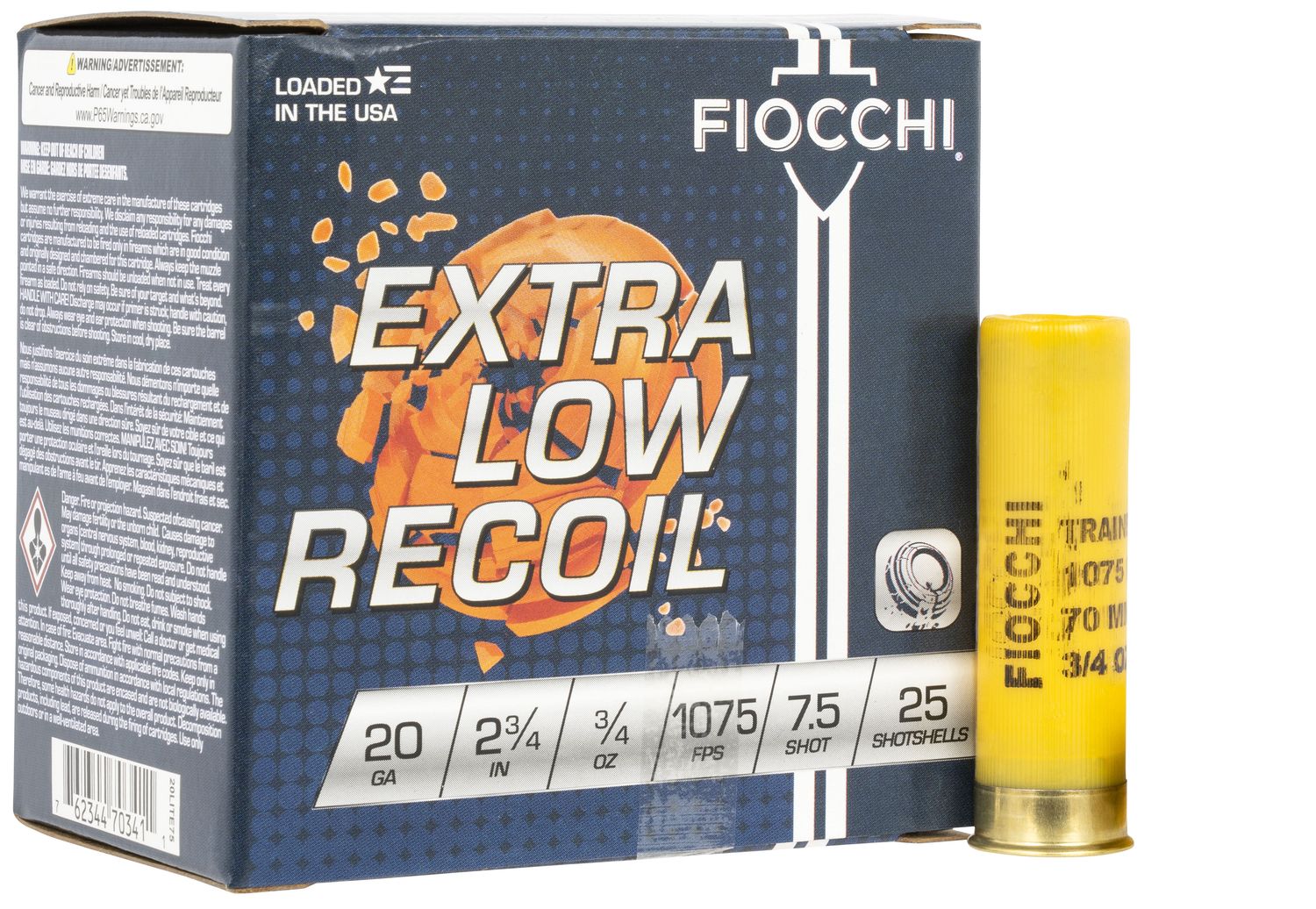 Fiocchi Low Recoil Trainer 20LITE75, 20 Gauge, 2-3/4", 3/4 oz, 1075 fps, #7.5 Lead Shot, 25 Rds/Bx