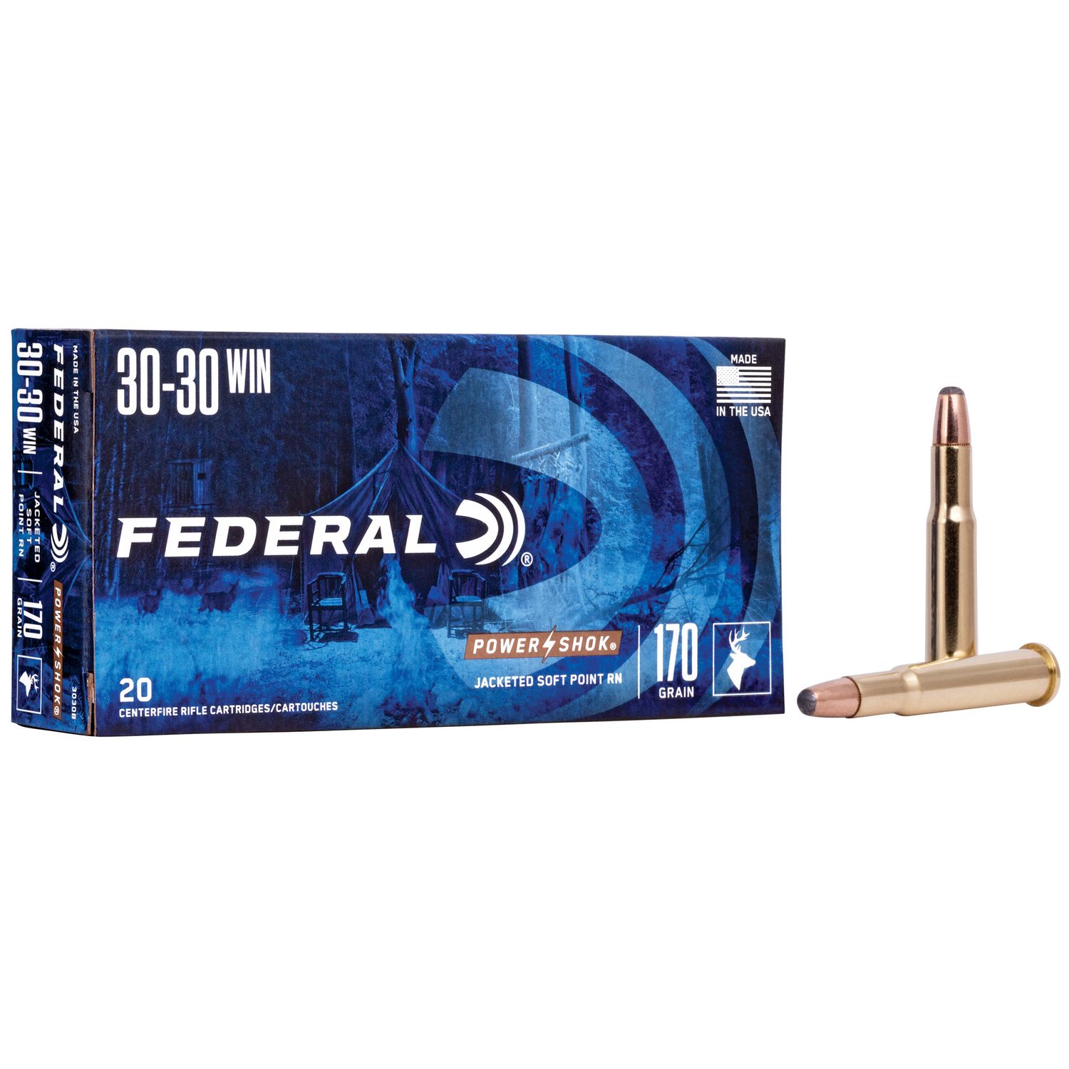 Federal Premium Power Shok Rifle Ammunition 3030B, 30-30 Winchester, Soft Point (SP), 170 GR, 2200 fps, 20 Rd/bx