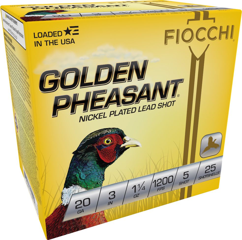 Fiocchi Golden Pheasant 203GP5, 20 Gauge, 3", 1-1/4 oz, 1200 fps, #5 Nickel-Plated Lead Shot, 25 Rds/Bx