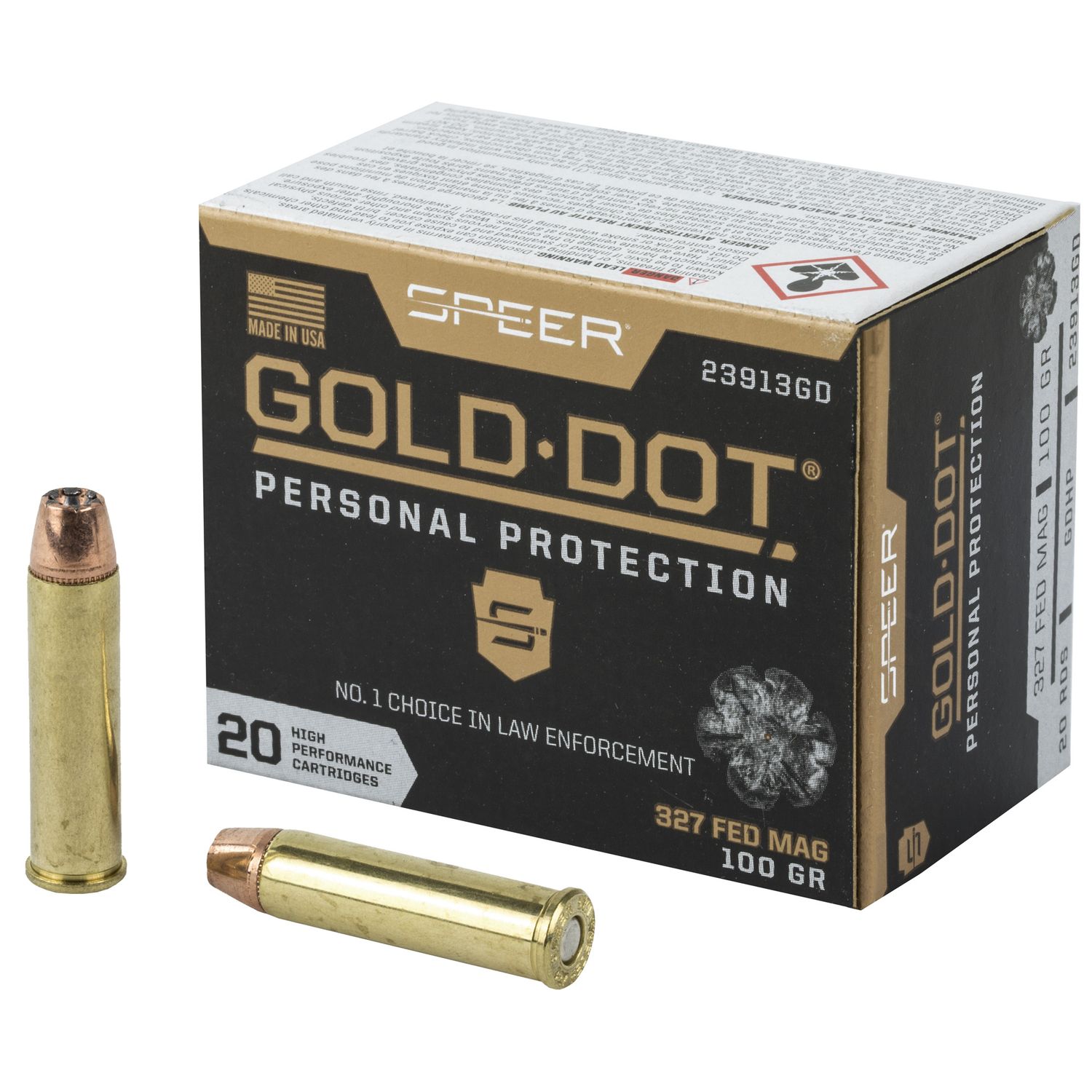 Speer Gold Dot Personal Protection Handgun Ammunition 23913GD, 327 Federal, Gold Dot HP, 100 GR, 1500 fps, 20 Rd/bx