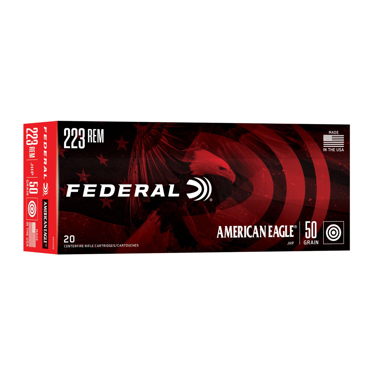 Federal American Eagle Rifle Ammunition AE223G, 223 Remington, Jacketed Hollow Point (JHP), 50 GR, 3400 fps, 20 Rd/bx