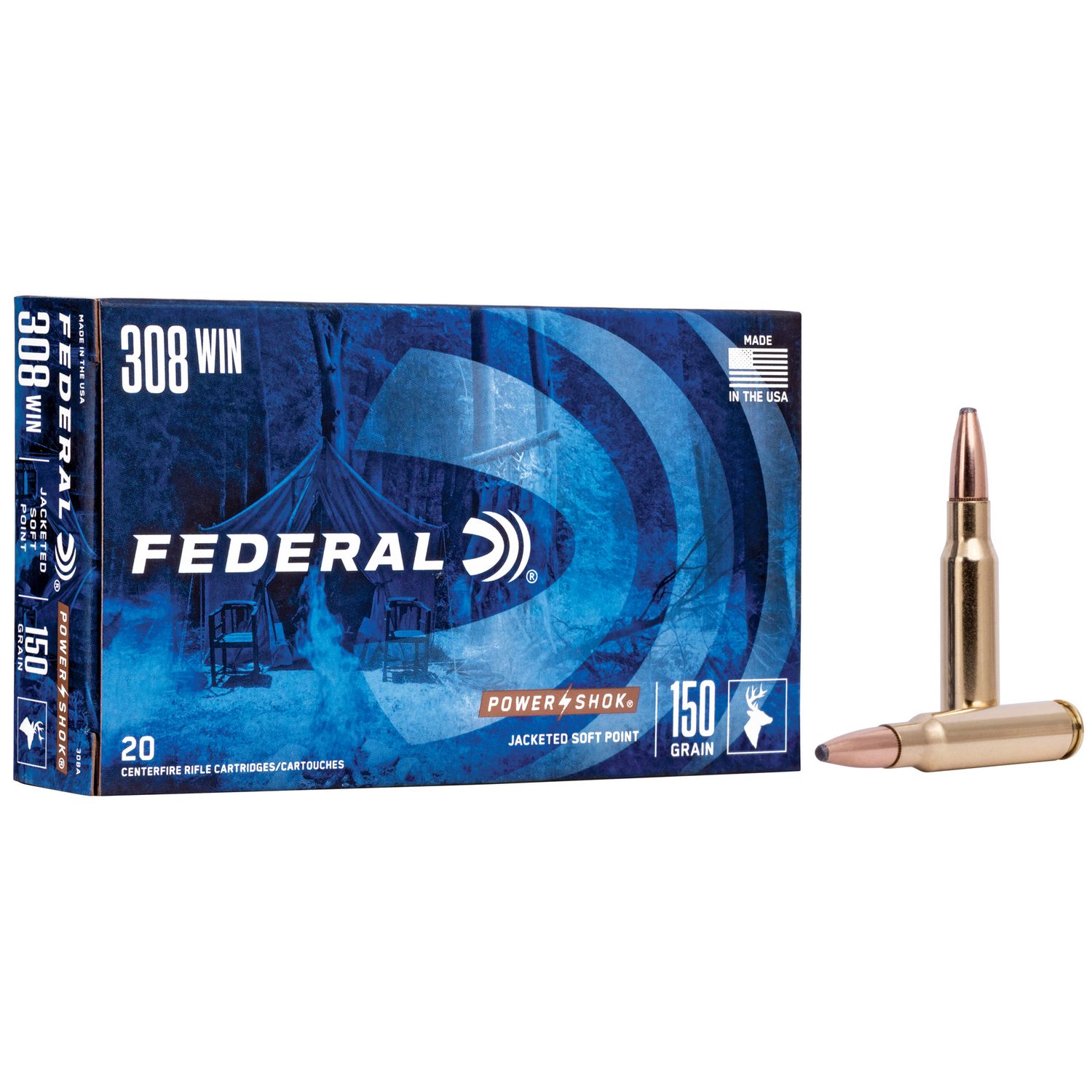 Federal Premium Power Shok Rifle Ammunition 308A, 308 Winchester, Soft Point (SP), 150 GR, 2820 fps, 20 Rd/bx