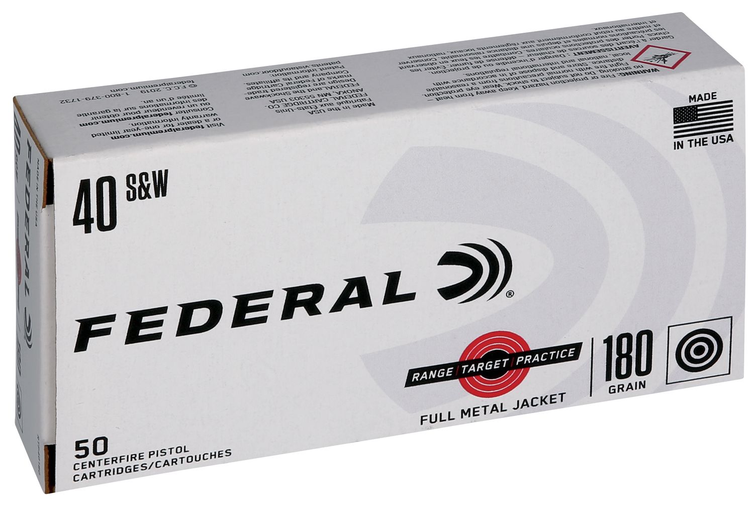 Federal Range Target Practice Handgun Ammunition RTP40180, 40 S&W, Full Metal Jacket, 180 Gr, 1000 fps, 50 Rd/bx