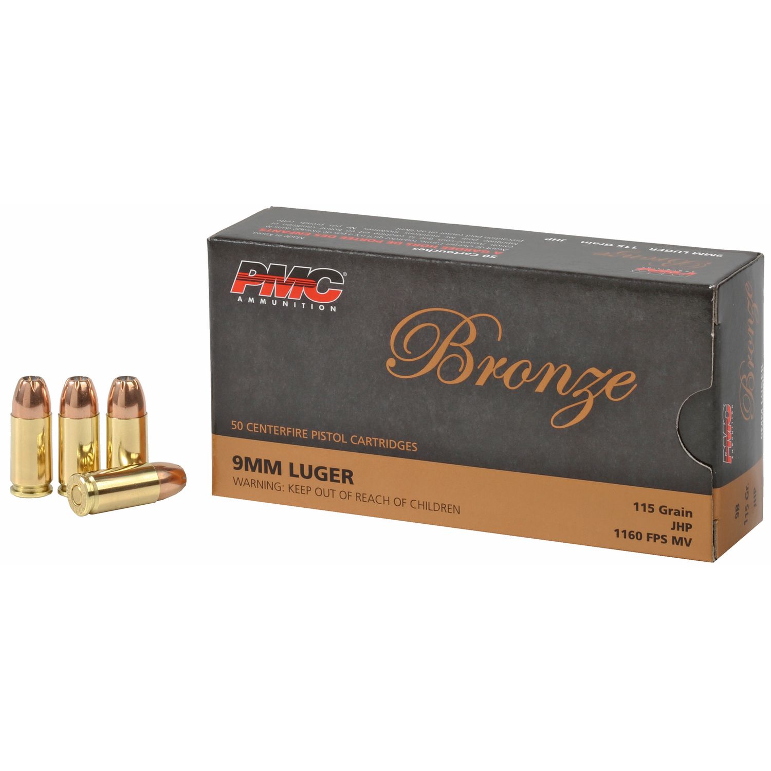 PMC Bronze Line Pistol Ammunition 9B, 9mm, Jacketed Hollow Point (JHP), 115 GR, 1160 fps, 50 Rd/bx