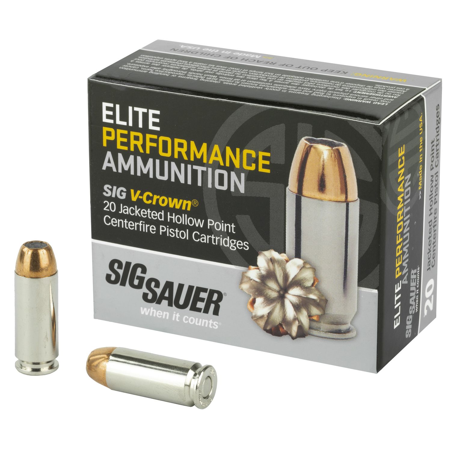 Sig Sauer Elite Performance Pistol Ammunition E10MM1, 10mm, JHP V-Crown, 180 GR, 1250 fps, 20 Rd/bx