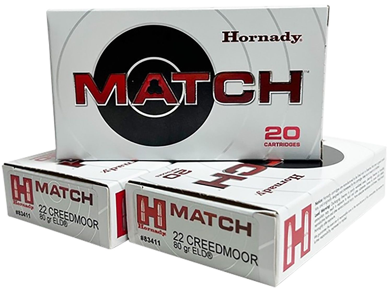 Hornady Match Rifle Ammunition 83411, 22 Creedmoor, ELD-M, 80 GR, 3285 fps, 20 Rd/Bx