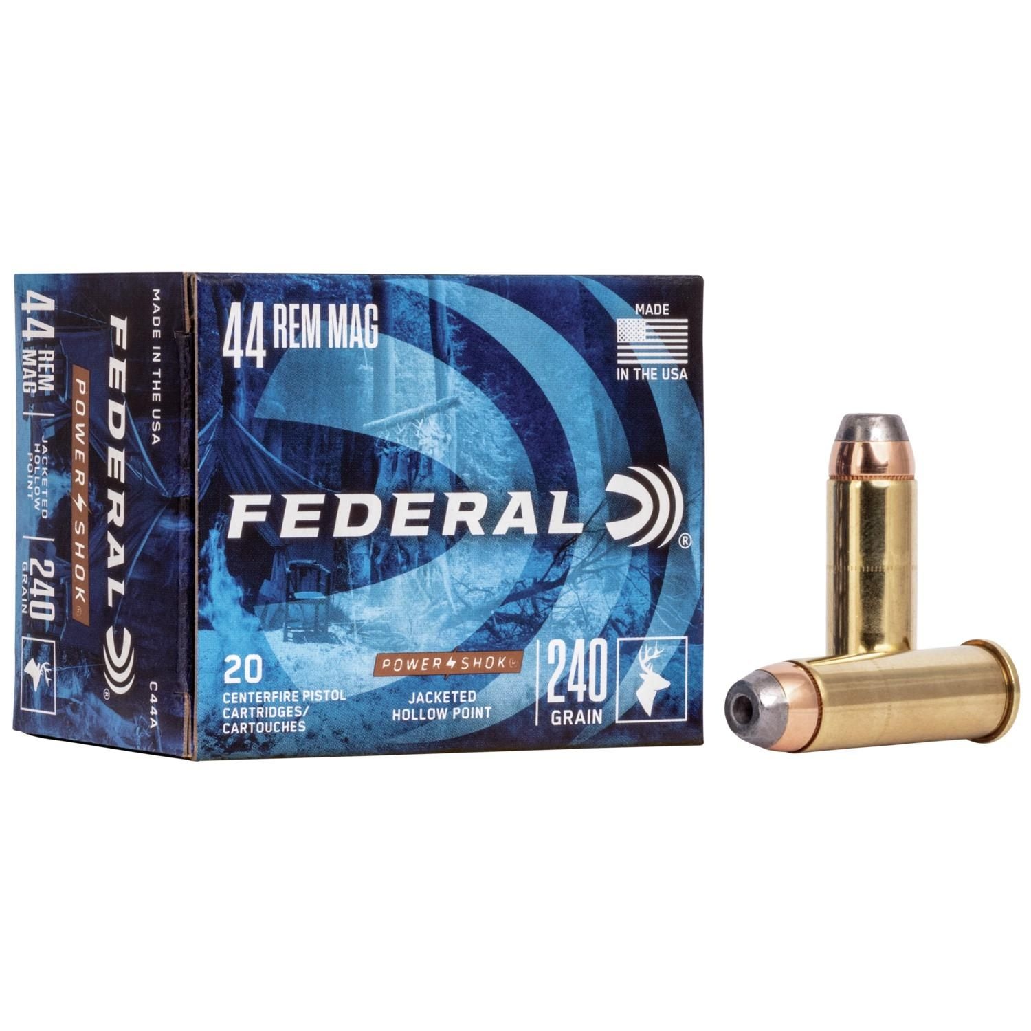 Federal Power Shok Handgun Ammunition C44A, 44 Remington Mag, Jacketed Hollow Point (JHP), 240 GR, 1230 fps, 20 Rd/bx