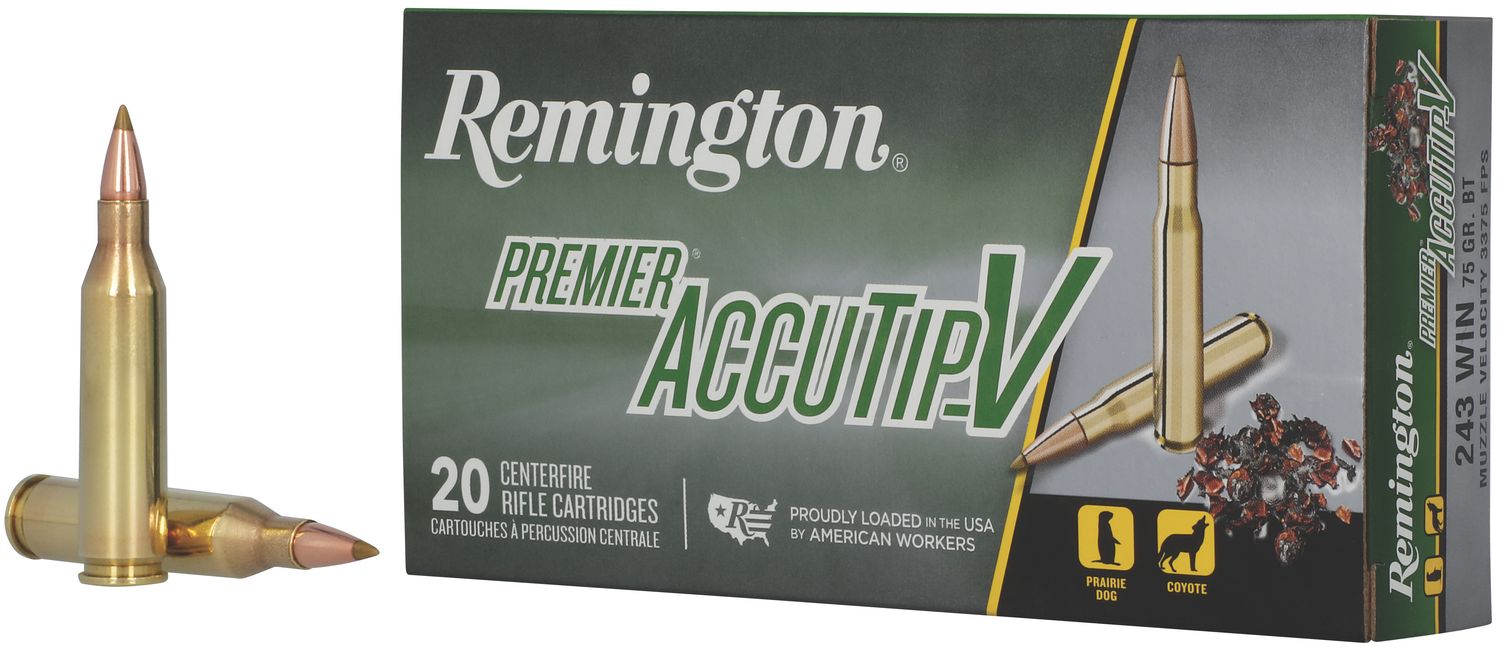 Remington Premier Accutip Rifle Ammunition PRA243WB, 243 Winchester, Accutip-V Boat Tail, 75 GR, 3375 fps, 20 Rd/bx