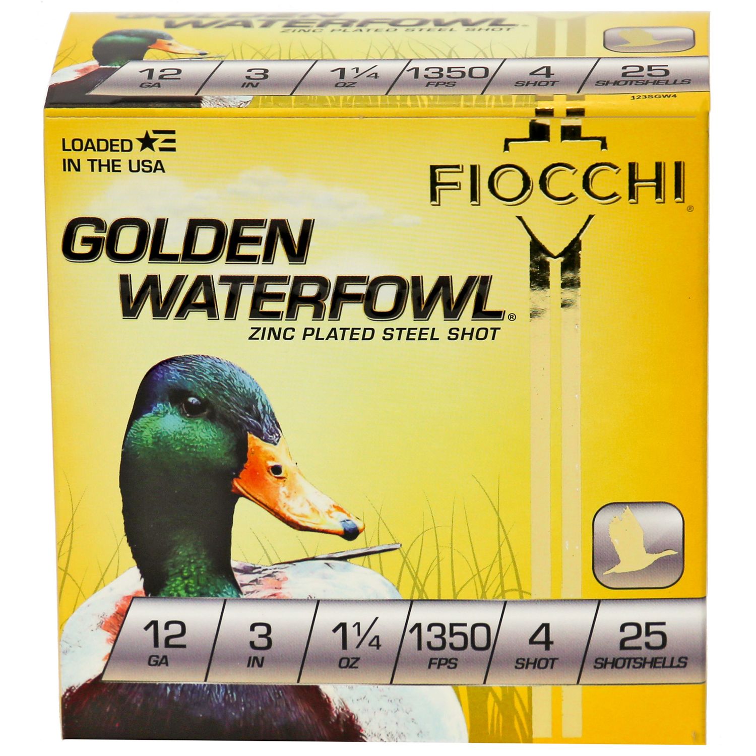 Fiocchi Golden Waterfowl Shotshells 123SGW4, 12 Gauge, 3", 1-1/4 oz, 1400 fps, #4 Steel Shot, 25 Rds/Bx