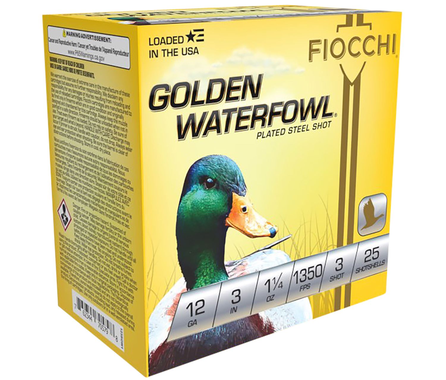 Fiocchi Golden Waterfowl Shotshells 123SGW3, 12, 3 in, 1-1/4 oz, 1400 fps, #3 Steel Shot, 25 Rds/Bx