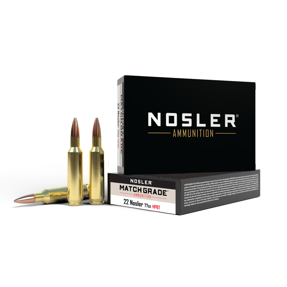 Nosler Match Grade Rifle Ammunition 60016, 22 Nosler, Custom Competition, 77 GR, 2950 fps, 20 Rd/Bx