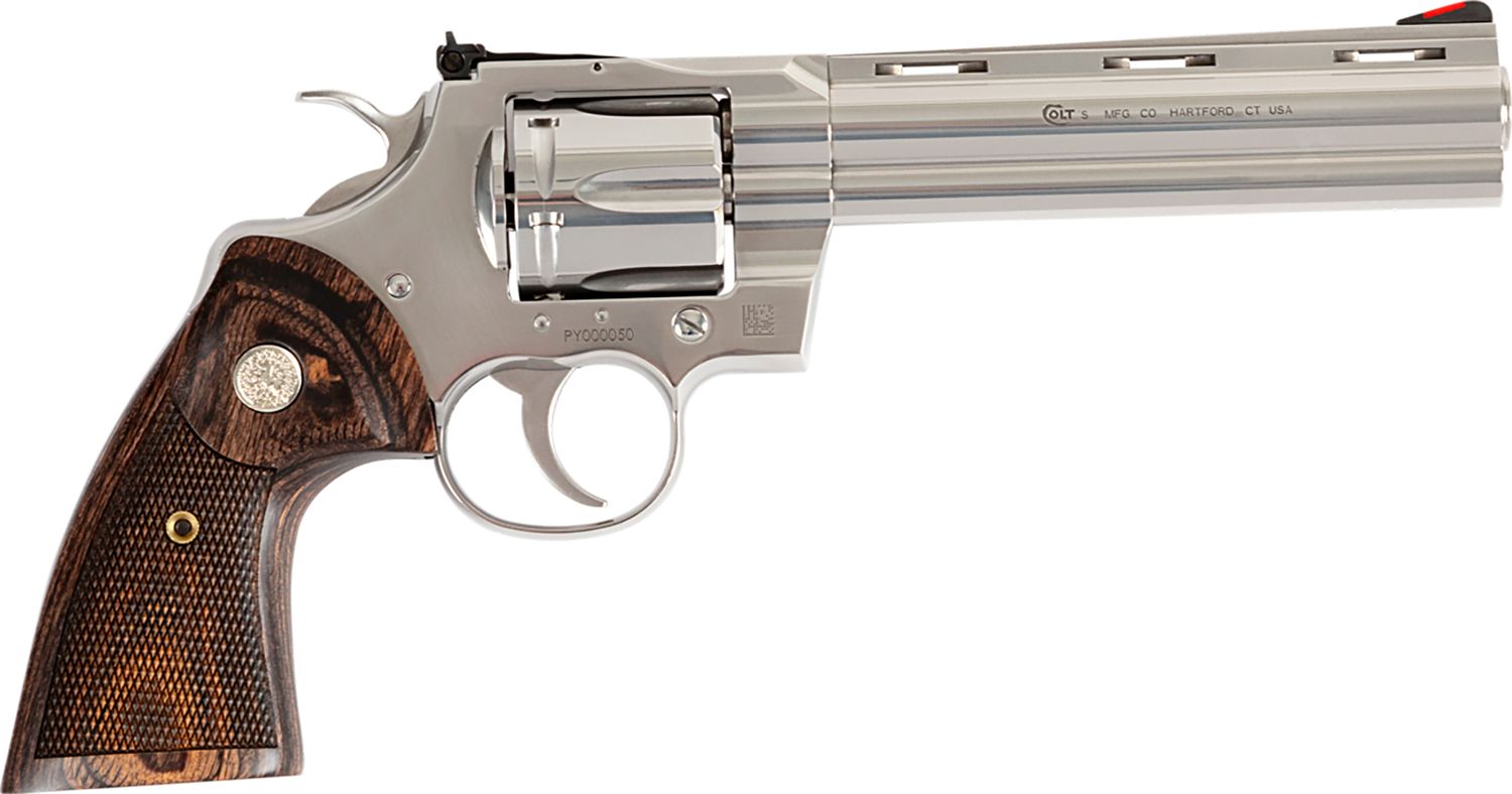 Colt Python Revolver PYTHON-SP6WFTG, 357 Mag, 6", Walnut Grips, Stainless Steel Finish, Fiber Optic Sight, 6 Rds