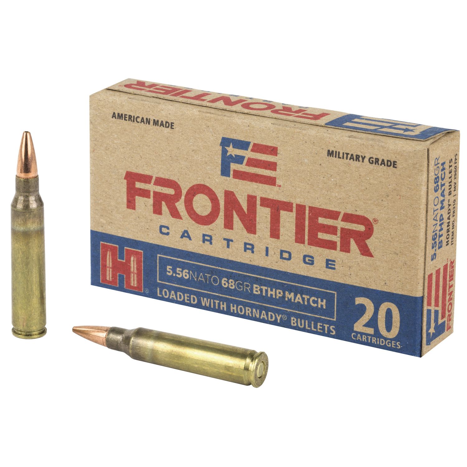 Hornady Frontier Rifle Ammunition FR310, 5.56mm NATO, BTHP Match, 68 GR, 2690 fps, 20 Rds/bx