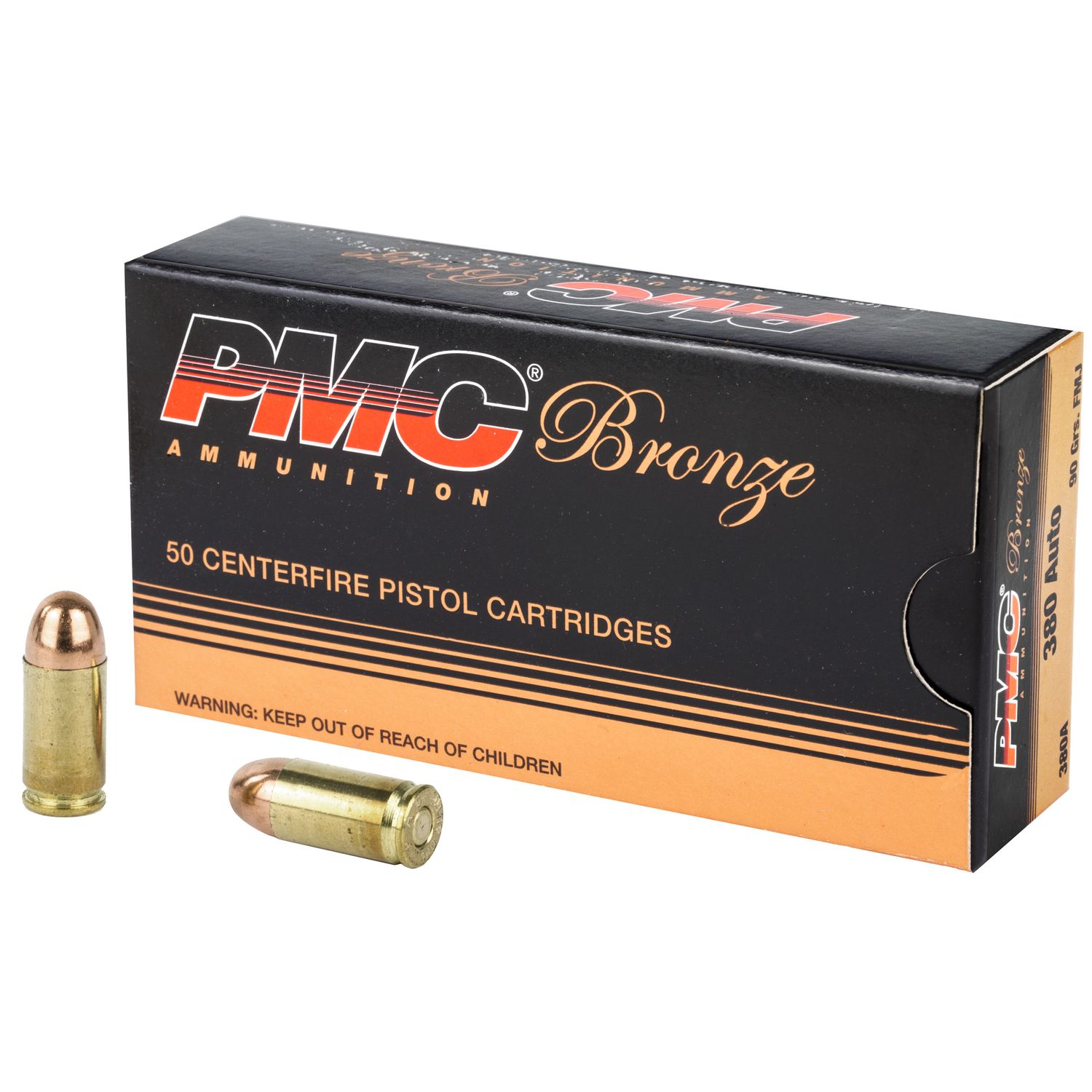 PMC Bronze Line Pistol Ammunition 380A, 380 ACP, Full Metal Jacket (FMJ), 90 GR, 920 fps, 50 Rd/bx