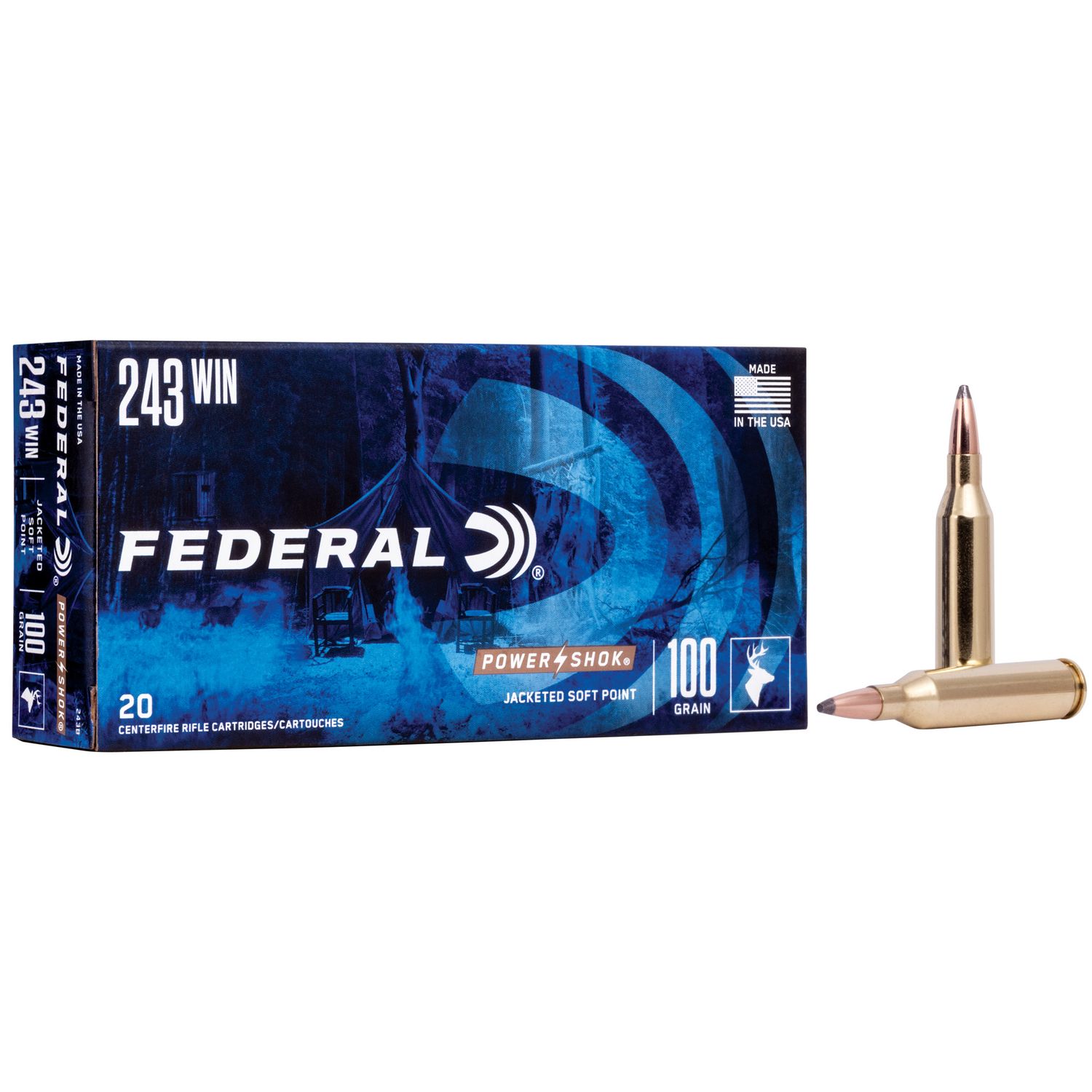 Federal Premium Power Shok Rifle Ammunition 243B, 243 Winchester, Soft Point (SP), 100 GR, 2960 fps, 20 Rd/bx