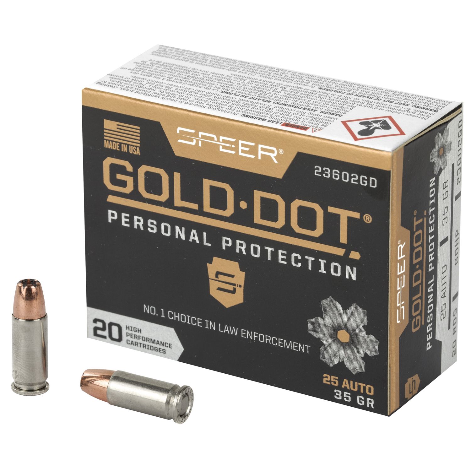 Speer Gold Dot Personal Protection Handgun Ammunition 23602GD, 25 ACP, Gold Dot HP, 35 GR, 900 fps, 20 Rd/bx