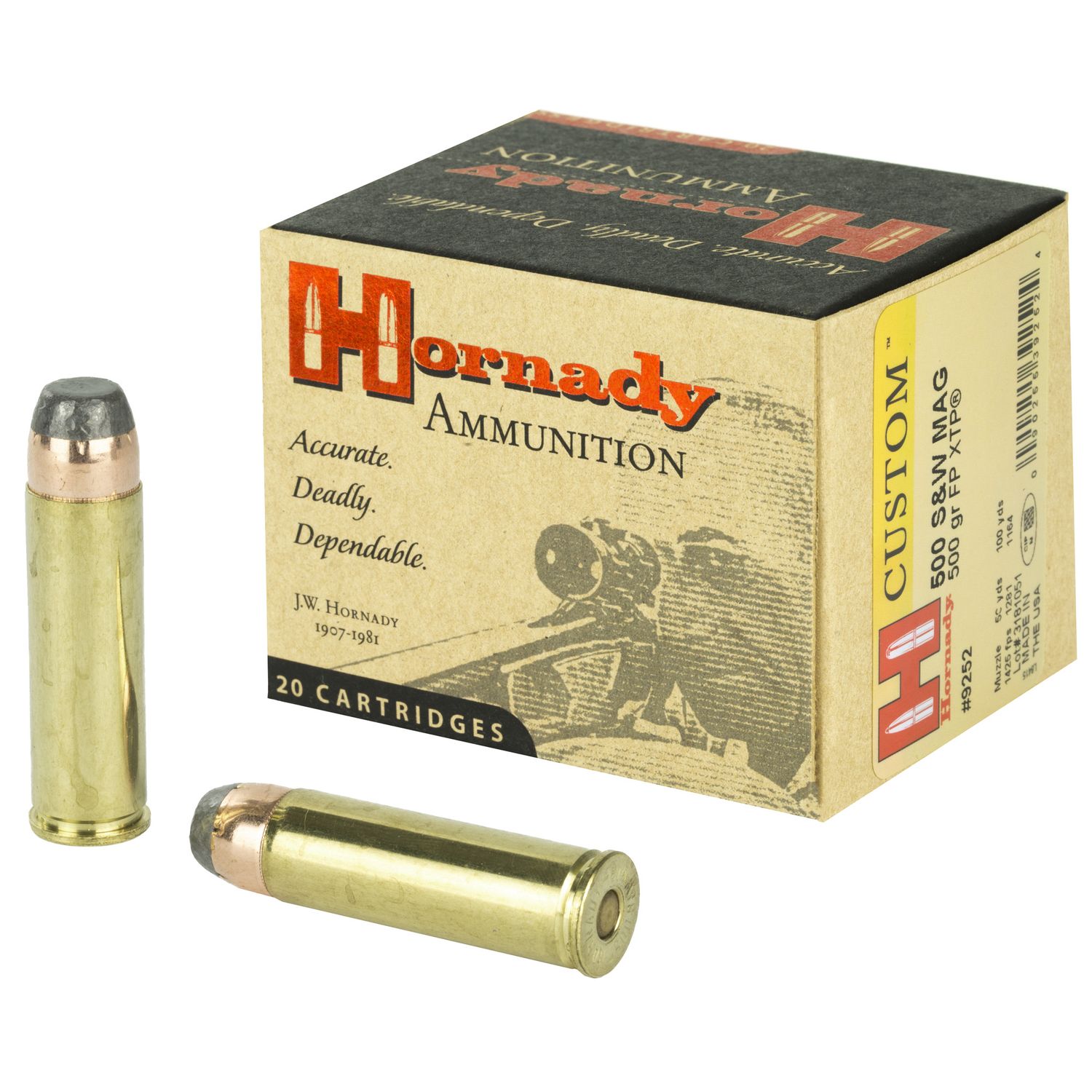 Hornady Custom Handgun Ammunition 9252, 500 S&W, XTP Flat Point, 500 GR, 1425 fps, 20 Rd/bx