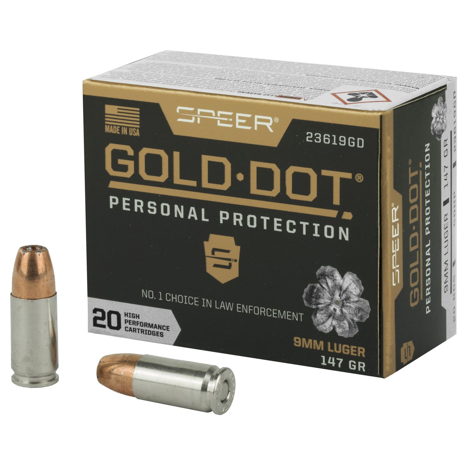 Speer Gold Dot Personal Protection Handgun Ammunition 23619GD, 9MM, Gold Dot HP,  147 GR, 985 fps, 20 Rd/bx