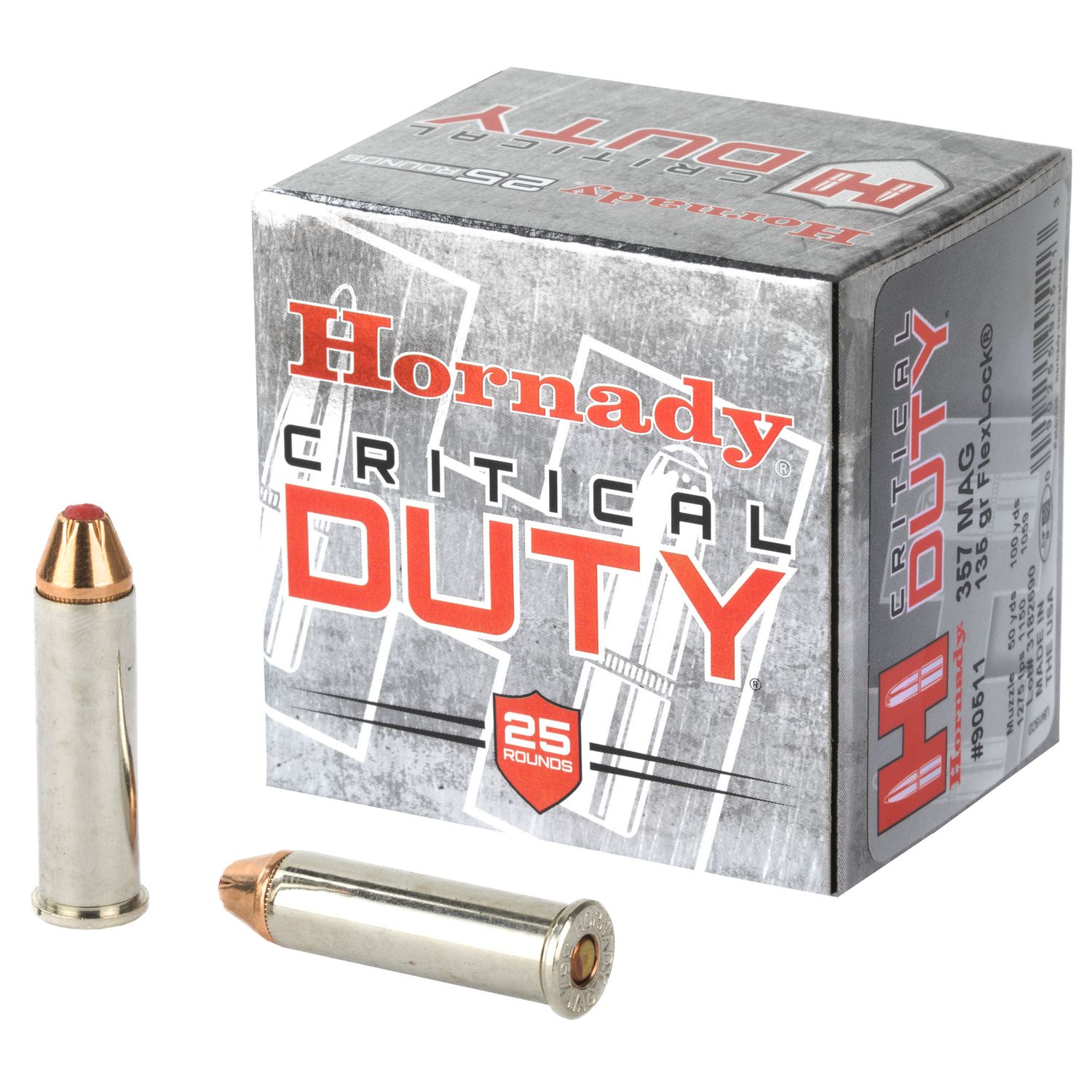 Hornady Critical Duty Pistol Ammunition 90511, 357 Magnum, Flexlock Bullet, 135 GR, 1275 fps, 25 Rd/bx