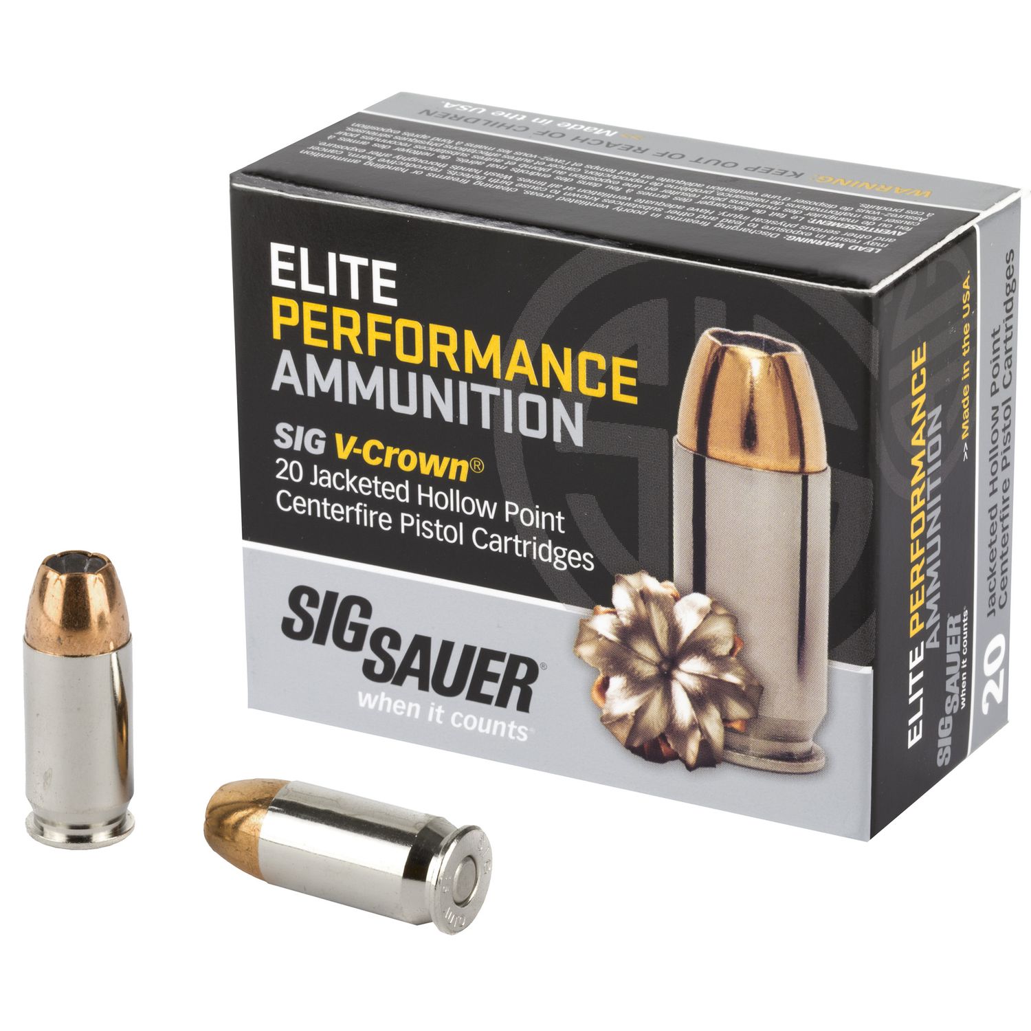 Sig Sauer Elite Performance Pistol Ammunition E45AP2, 45 ACP, JHP V-Crown, 230 GR, 830 fps, 20 Rd/bx