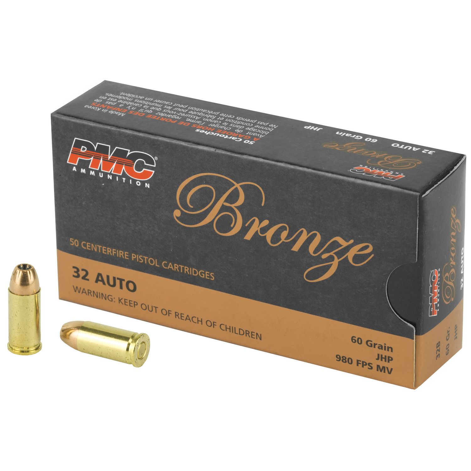 PMC Bronze Line Pistol Ammunition 32B, 32 ACP, Hollow Point (HP), 60 GR, 980 fps, 50 Rd/bx