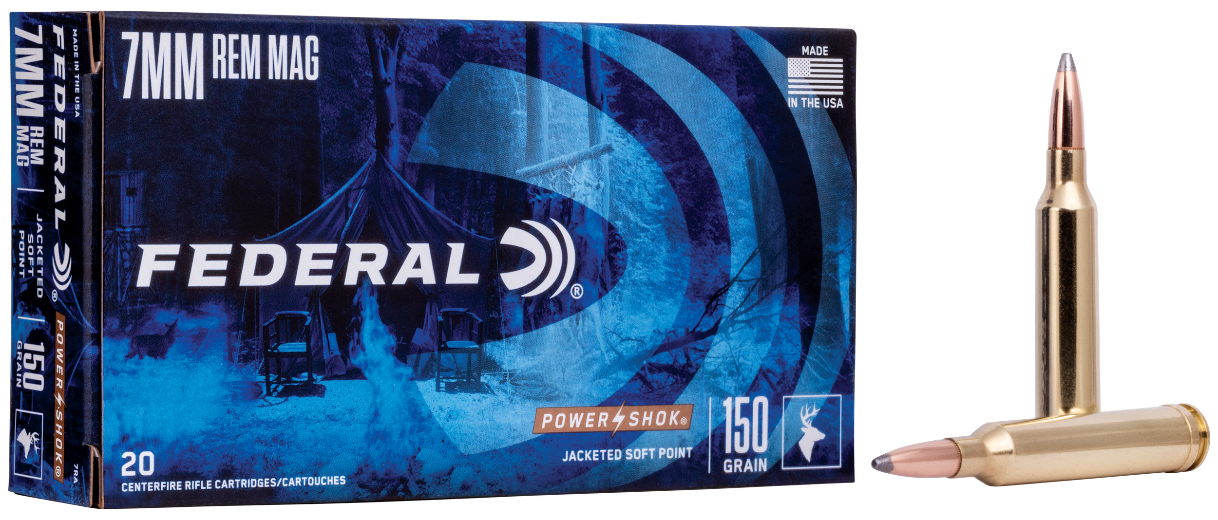 Federal Premium Power Shok Rifle Ammunition 7RA, 7 mm Remington Mag, Soft Point (SP), 150 GR, 3110 fps, 20 Rd/bx