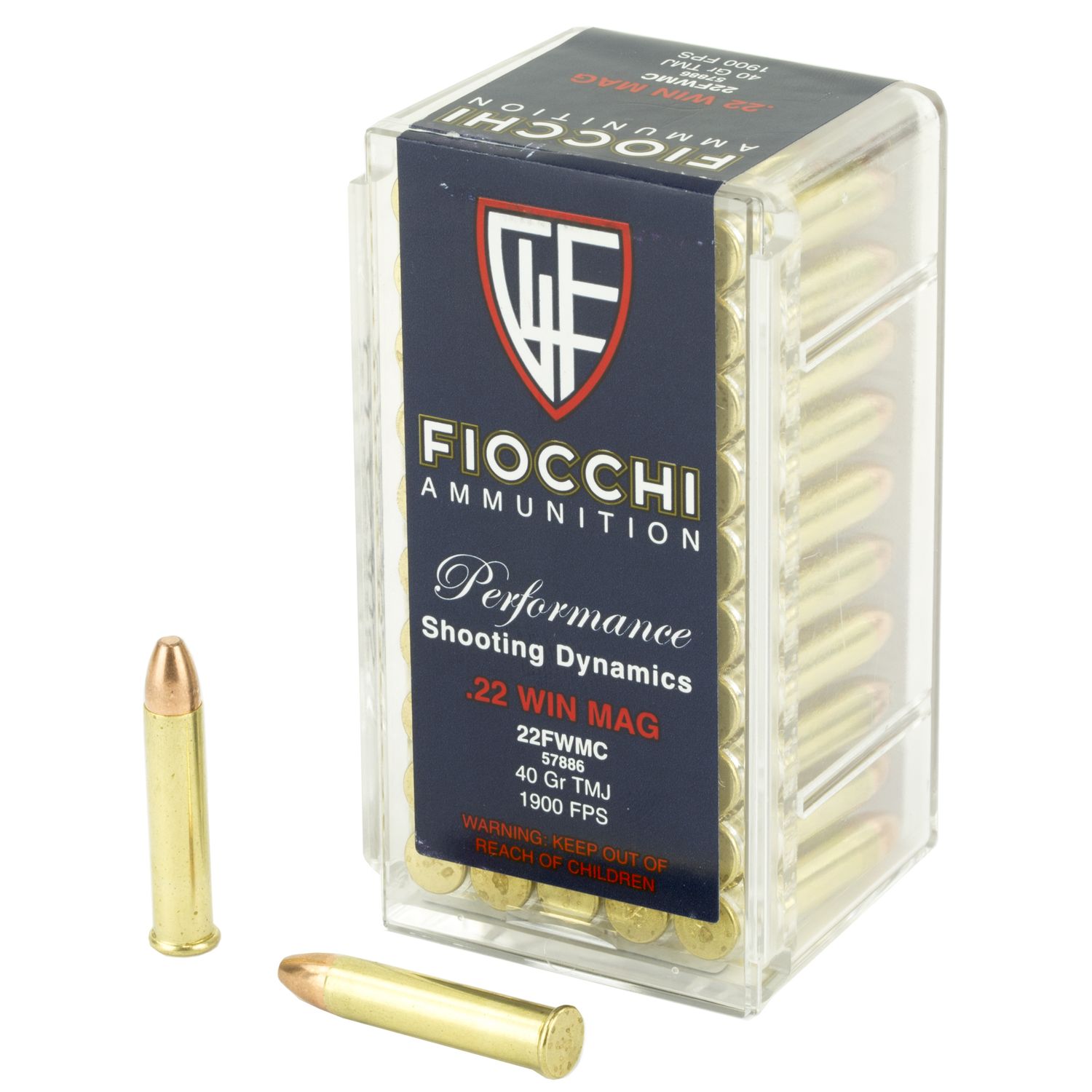 Fiocchi Shooting Dynamics Rimfire Ammunition 22FWMC, 22 Magnum (WMR), Total Metal Jacket (TMJ), 40 GR, 1900 fps, 50 Rd/bx