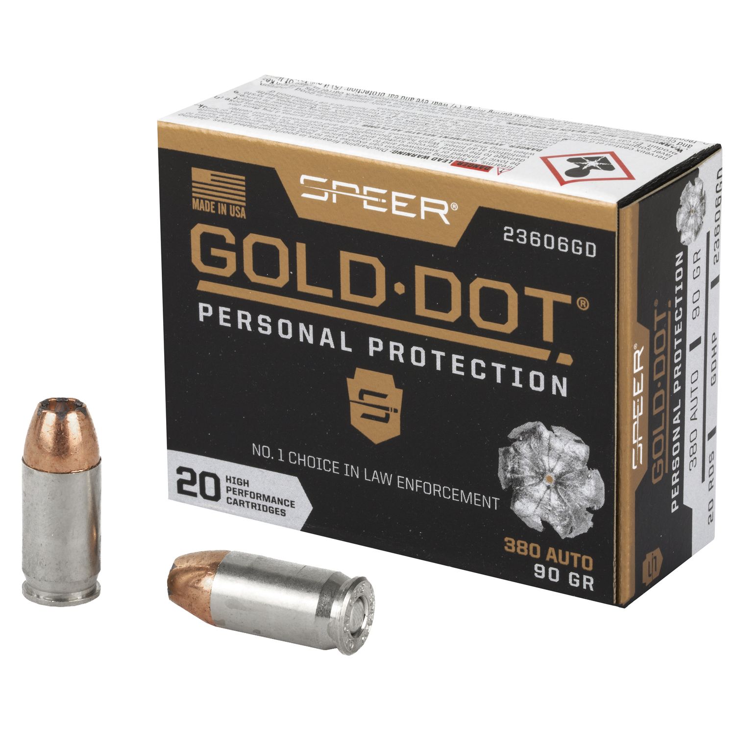 Speer Gold Dot Personal Protection Handgun Ammunition 23606GD, 380 ACP, Gold Dot HP, 90 GR, 1040 fps, 20 Rd/bx