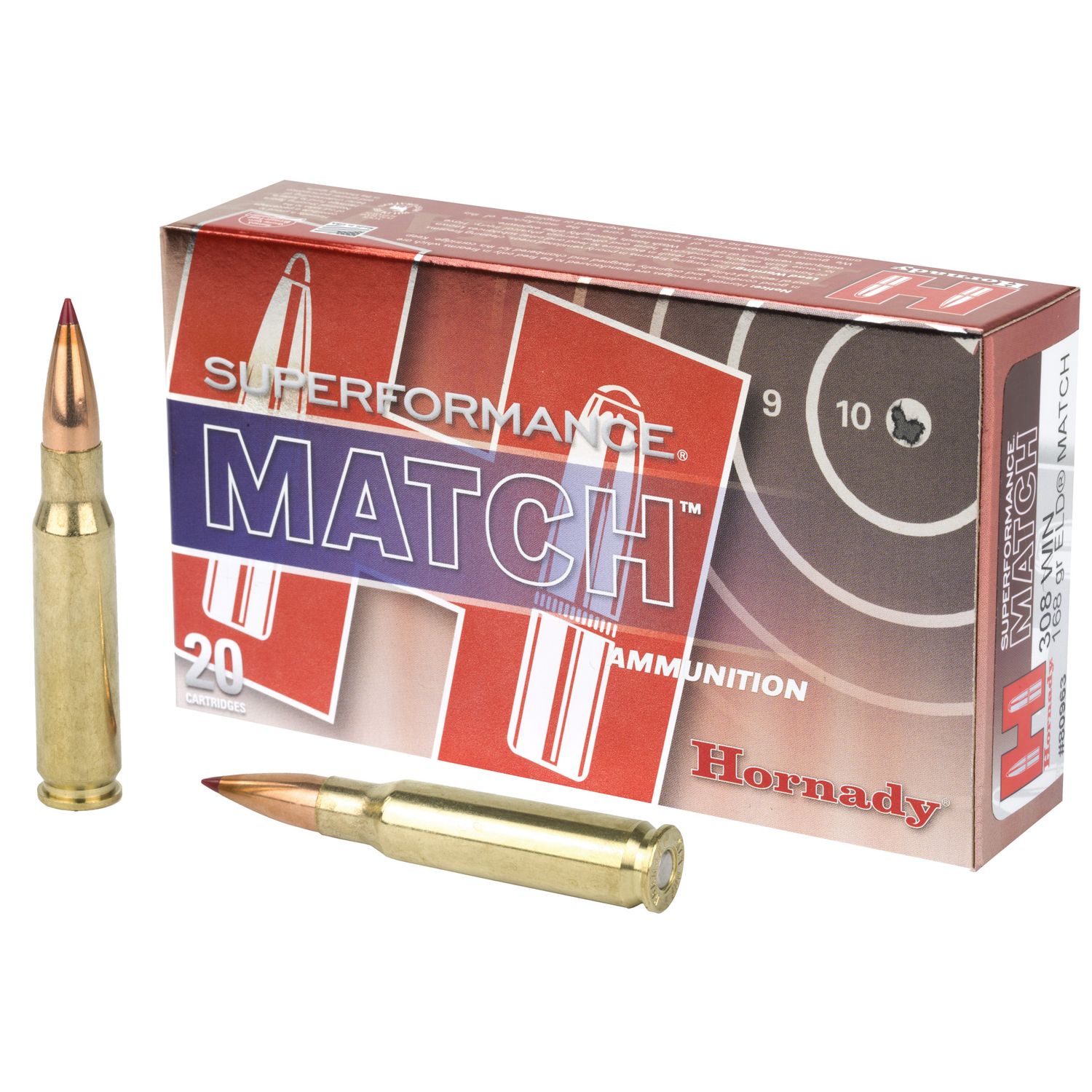 Hornady Superforamnce Rifle Ammunition 80963, 308 Winchested, ELD Match, 168 GR, 2840 fps, 20 Rd/bx