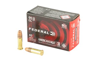 Federal American Eagle Rimfire Ammunition AE22, 22 Long Rifle, Copper Plated HP, 38 GR, 1260 fps, 40 Rd/bx