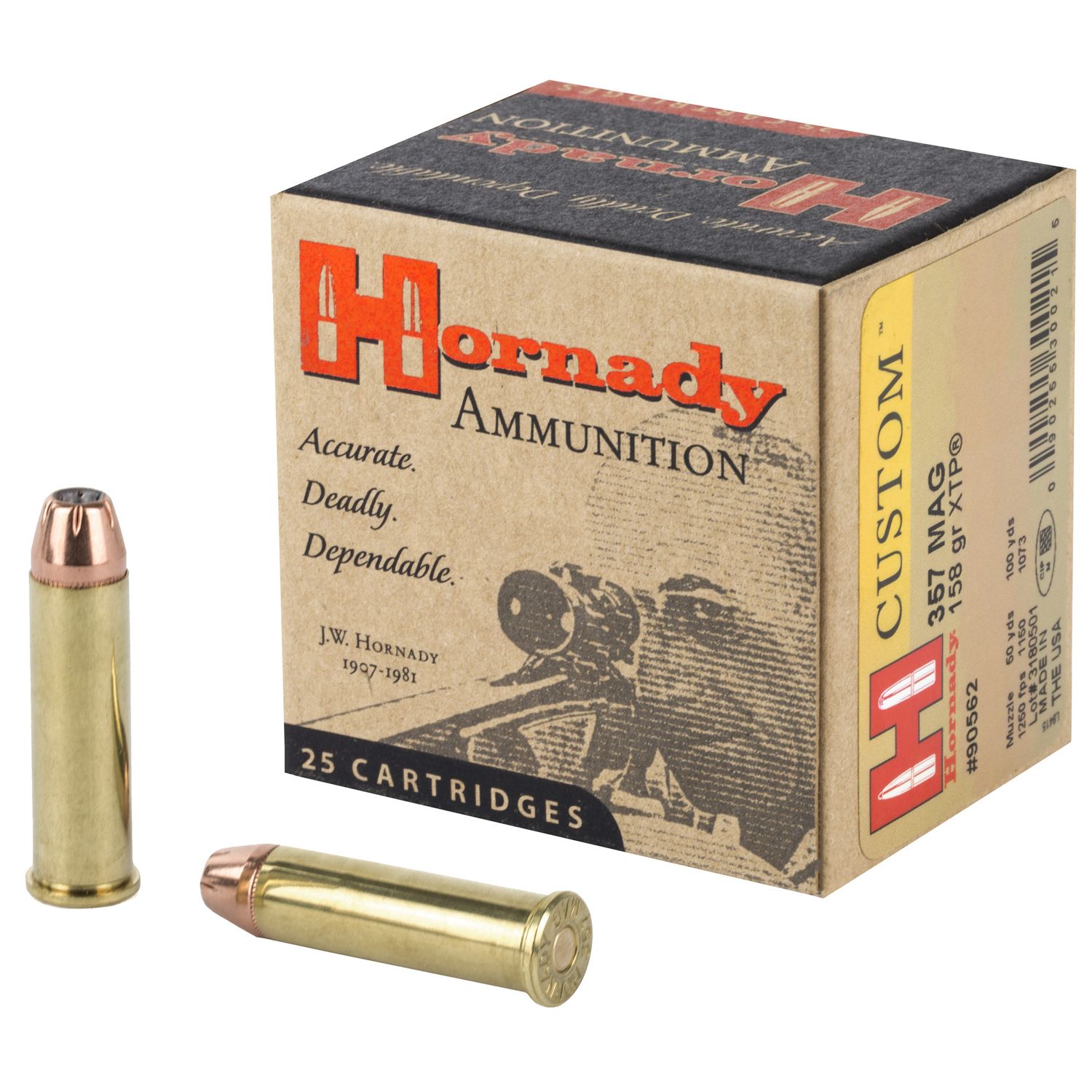 Hornady Custom Handgun Ammunition 90562, 357 Magnum, XTP Jacketed Hollow Point (HP), 158 GR, 1250 fps, 25 Rd/bx