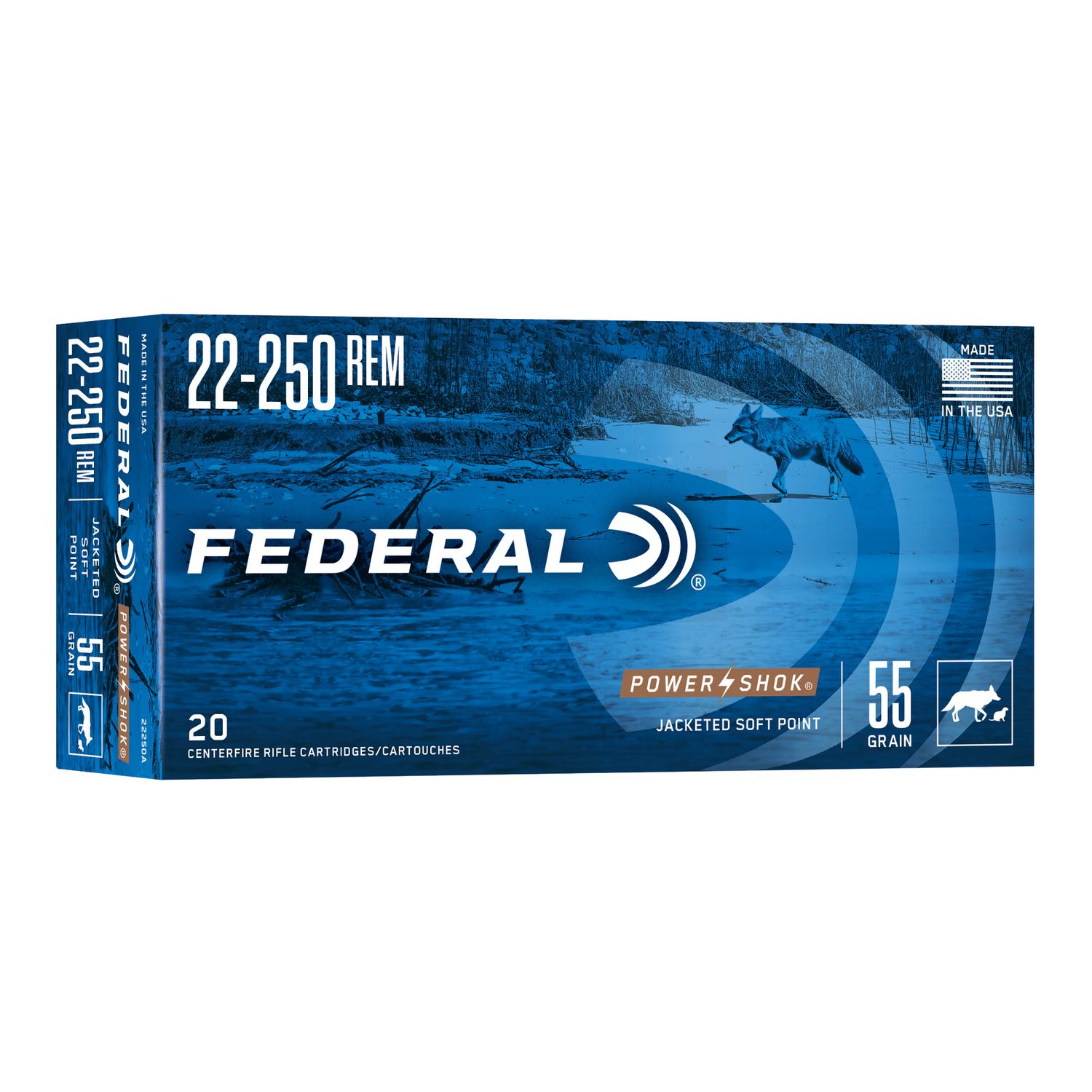 Federal Premium Power Shok Rifle Ammunition 22250A, 22-250 Remington, Soft Point (SP), 55 GR, 3680 fps, 20 Rd/bx