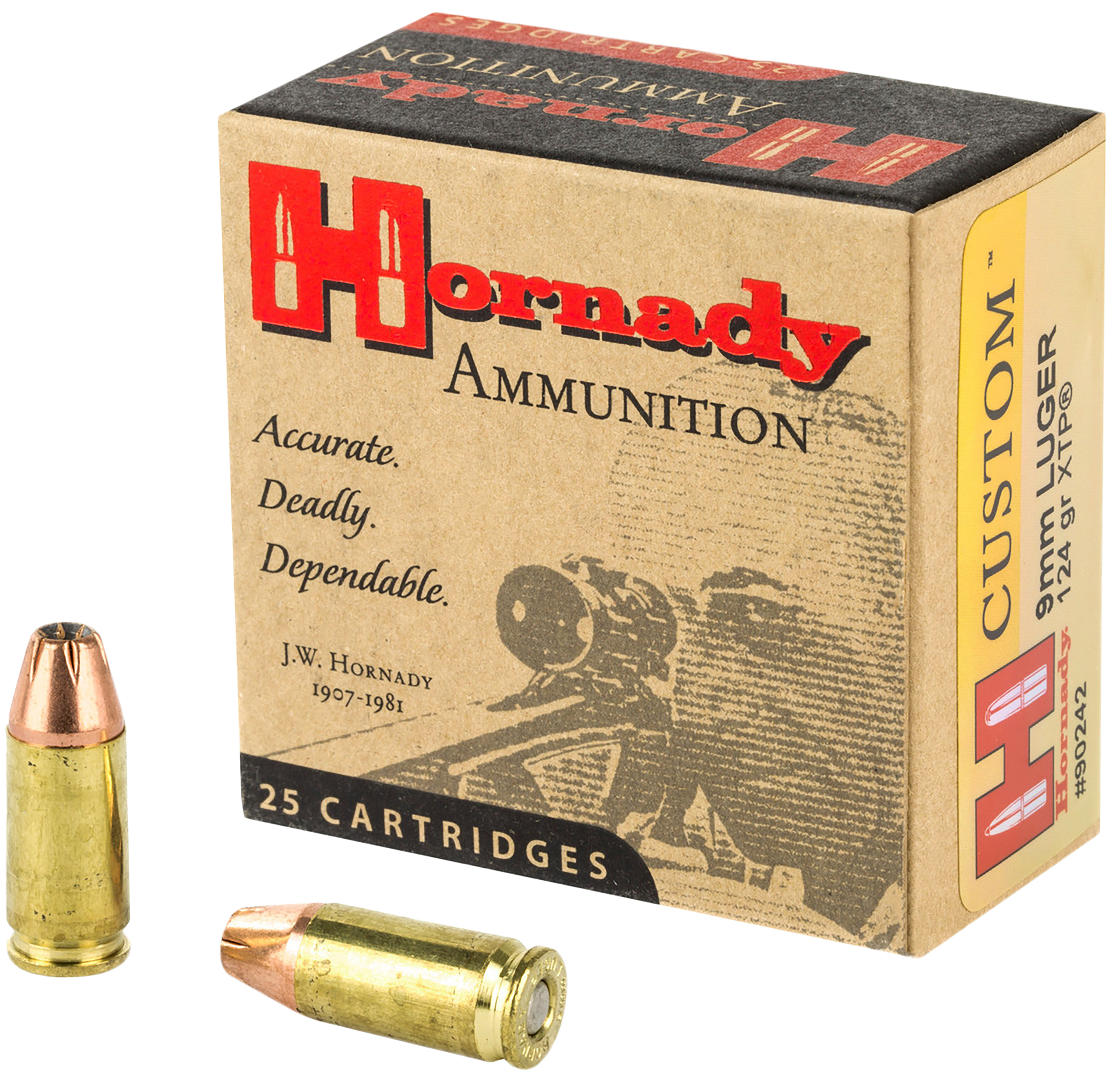 Hornady Custom Handgun Ammunition 90242, 9mm, XTP Jacketed Hollow Point (HP), 124 GR, 1110 fps, 25 Rd/bx
